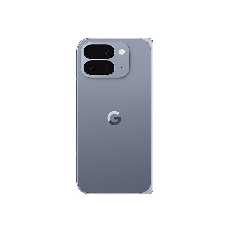 Rückansicht eines grauen Smartphones. Es hat eine Kameraanordnung und ein Google-Logo. Das Telefon befindet sich auf weißem Hintergrund.