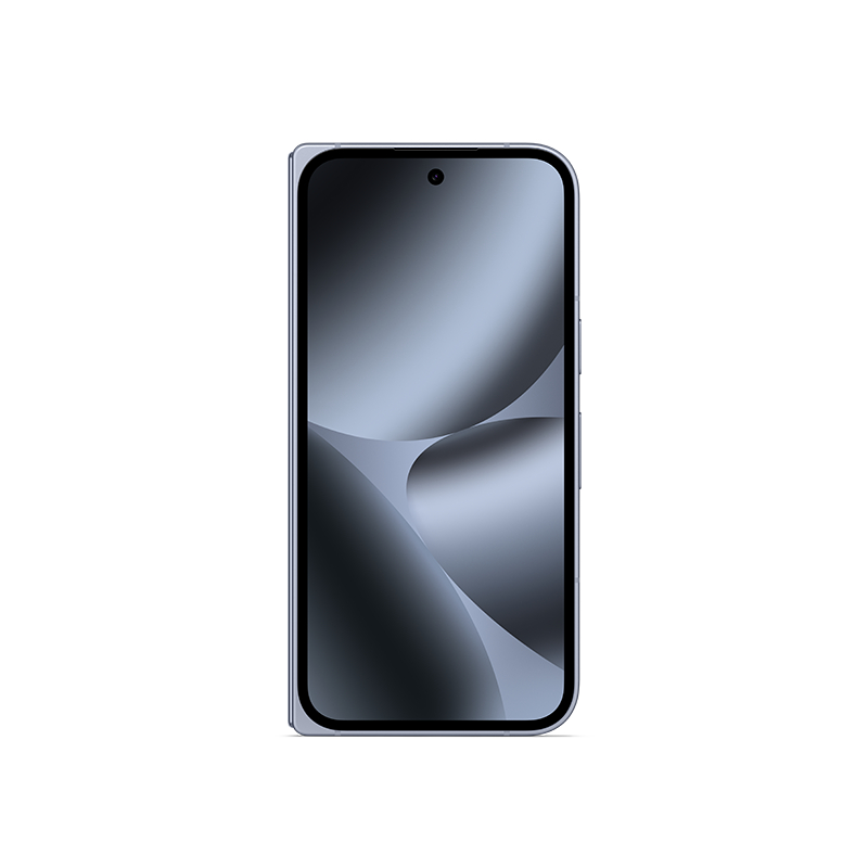 Ein Smartphone mit gebogenem Bildschirm, das einen Grau- und Blauverlauf zeigt. Oben ist eine Frontkamera sichtbar.