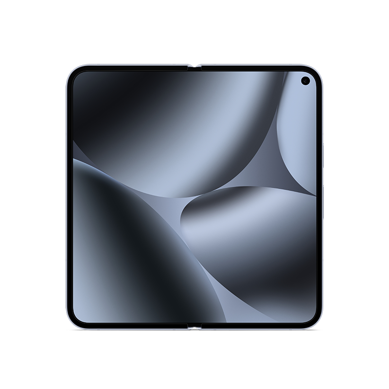Ein faltbares Smartphone wird gezeigt, das ein Farbverlauf-Design aus Grau-, Weiß- und Schwarztönen zeigt. Der Bildschirm hat eine Lochkamera.