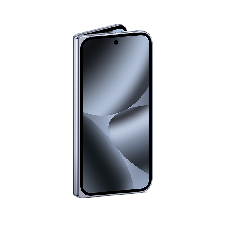 Ein modernes, faltbares Smartphone ist teilweise geöffnet und zeigt einen Bildschirm mit Gradientendesign. Das Telefon hat einen silbernen Rahmen und einen schwarzen Bildschirm.
