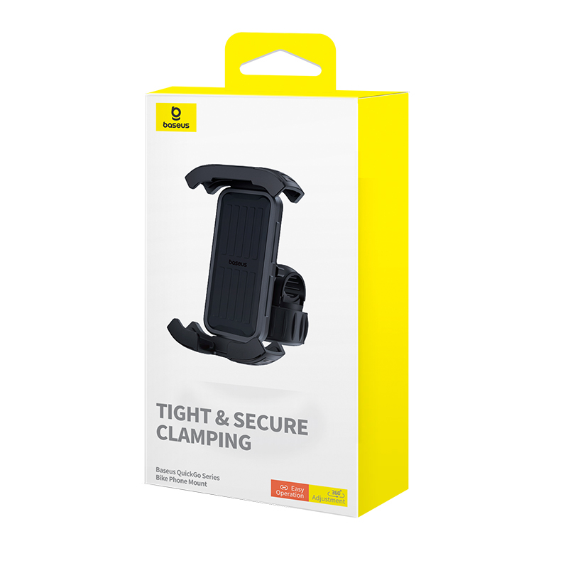 Dobozos Baseus kerékpáros telefontartó. Fekete tartó fehér dobozon sárga díszítéssel. Szöveg: 'TIGHT & SECURE CLAMPING'.