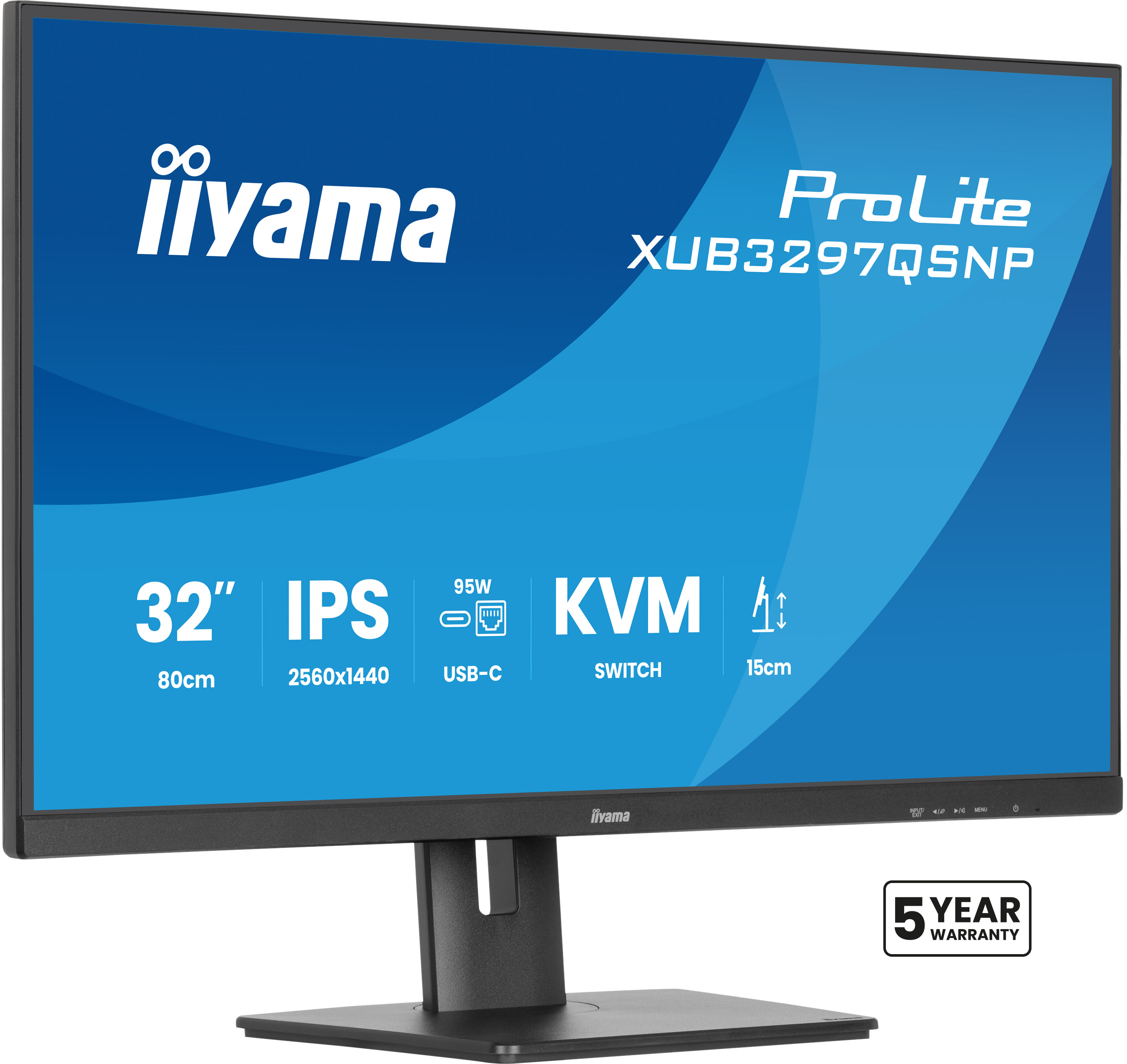 Ein 32" iiyama ProLite Monitor mit USB-C und KVM-Switch, auf einem schwarzen Ständer, mit 5 Jahren Garantie.