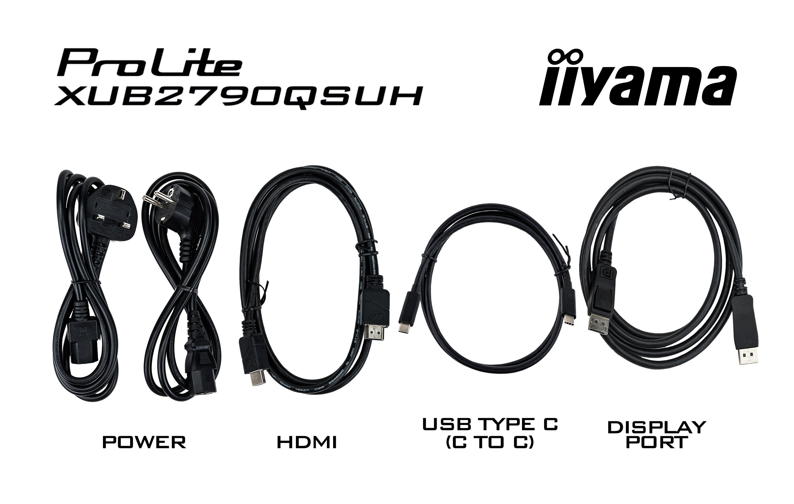 Das Bild zeigt Kabel für einen ProLite-Monitor: Strom, HDMI, USB-C und DisplayPort, mit dem iiyama-Logo auf weißem Hintergrund.