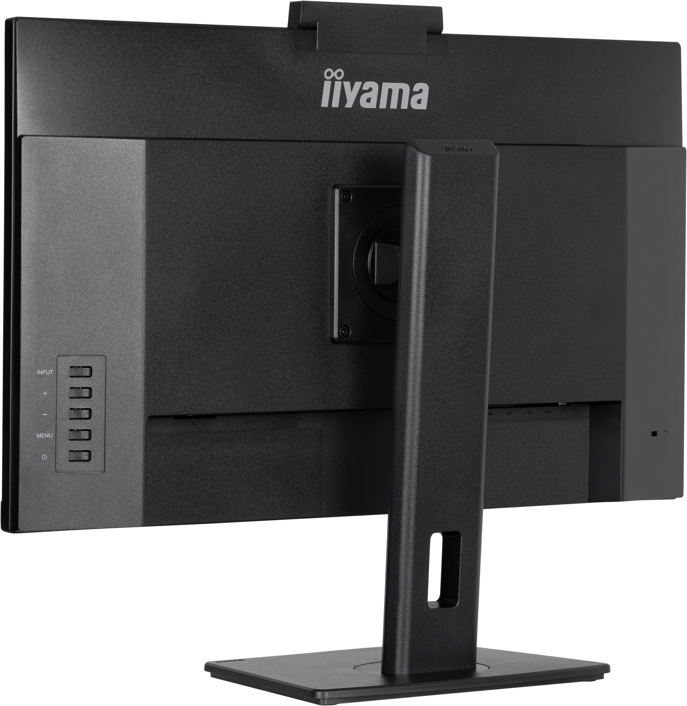 Rückansicht eines schwarzen iiYama-Monitors. Der Ständer ist prominent. Bedienelemente sind links.