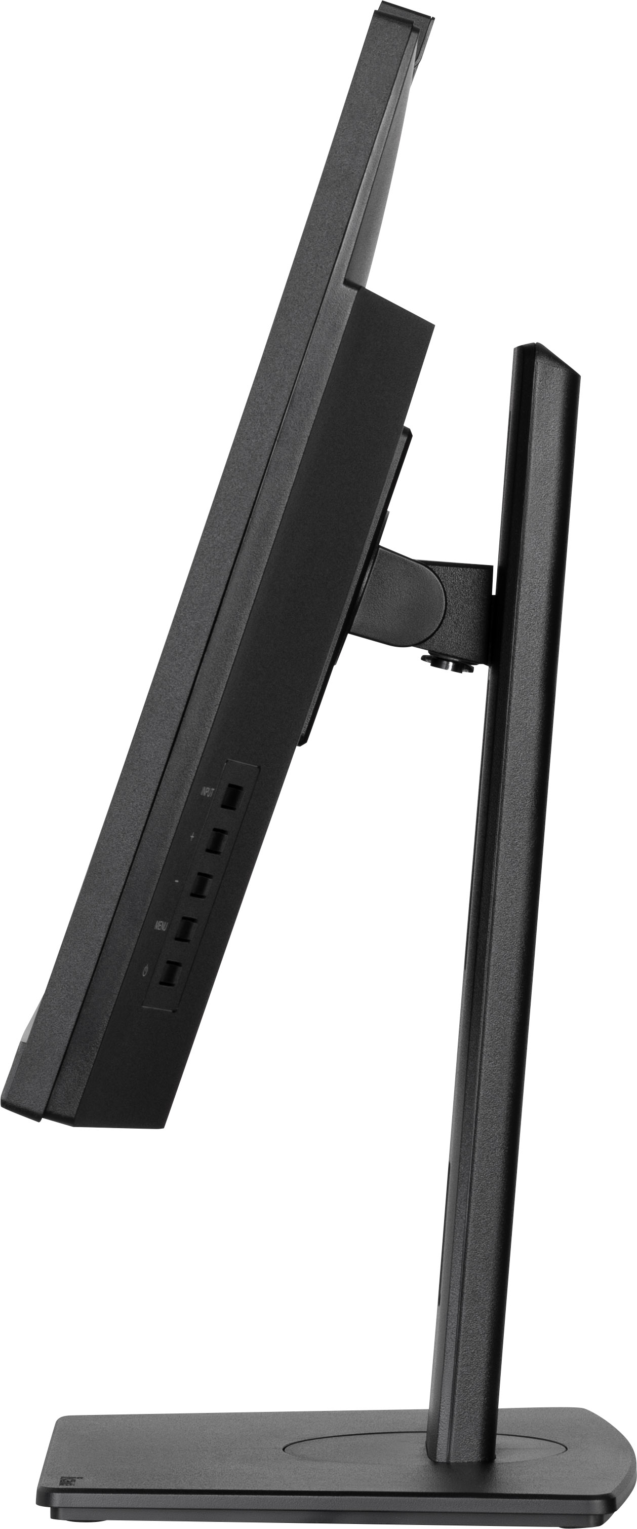 Seitenansicht eines schwarzen Computermonitors, geneigt, mit Ständer. Auf der Seite des Monitors sind Tasten und Anschlüsse zu sehen.