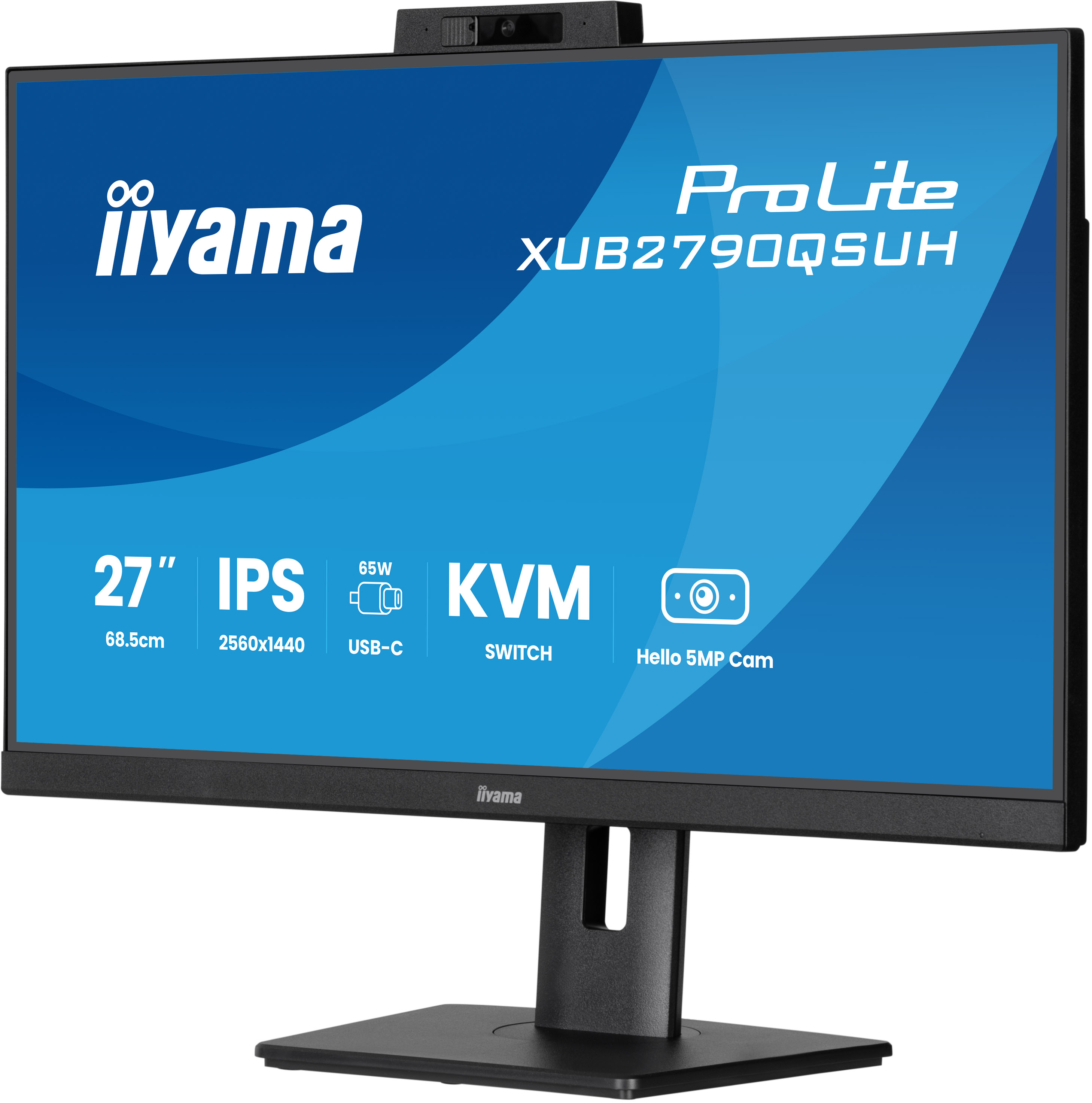 Ein schwarzer Computermonitor mit dem Logo 'iiyama', einer integrierten Webcam und Spezifikationen wie '27" IPS KVM'.
