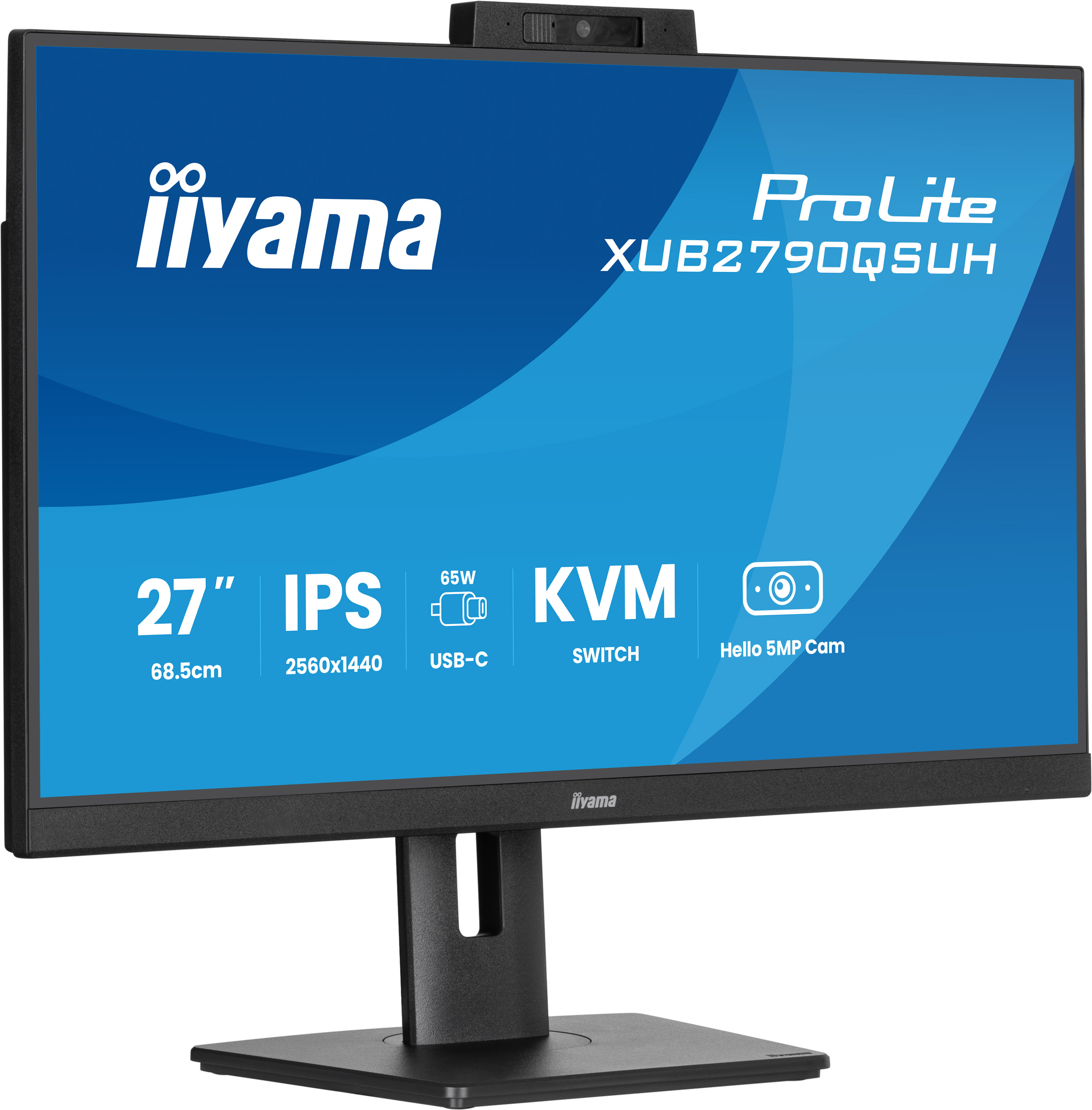 Ein schwarzer iiyama ProLite Monitor mit integrierter Webcam. Der Bildschirm zeigt Spezifikationen und Branding.