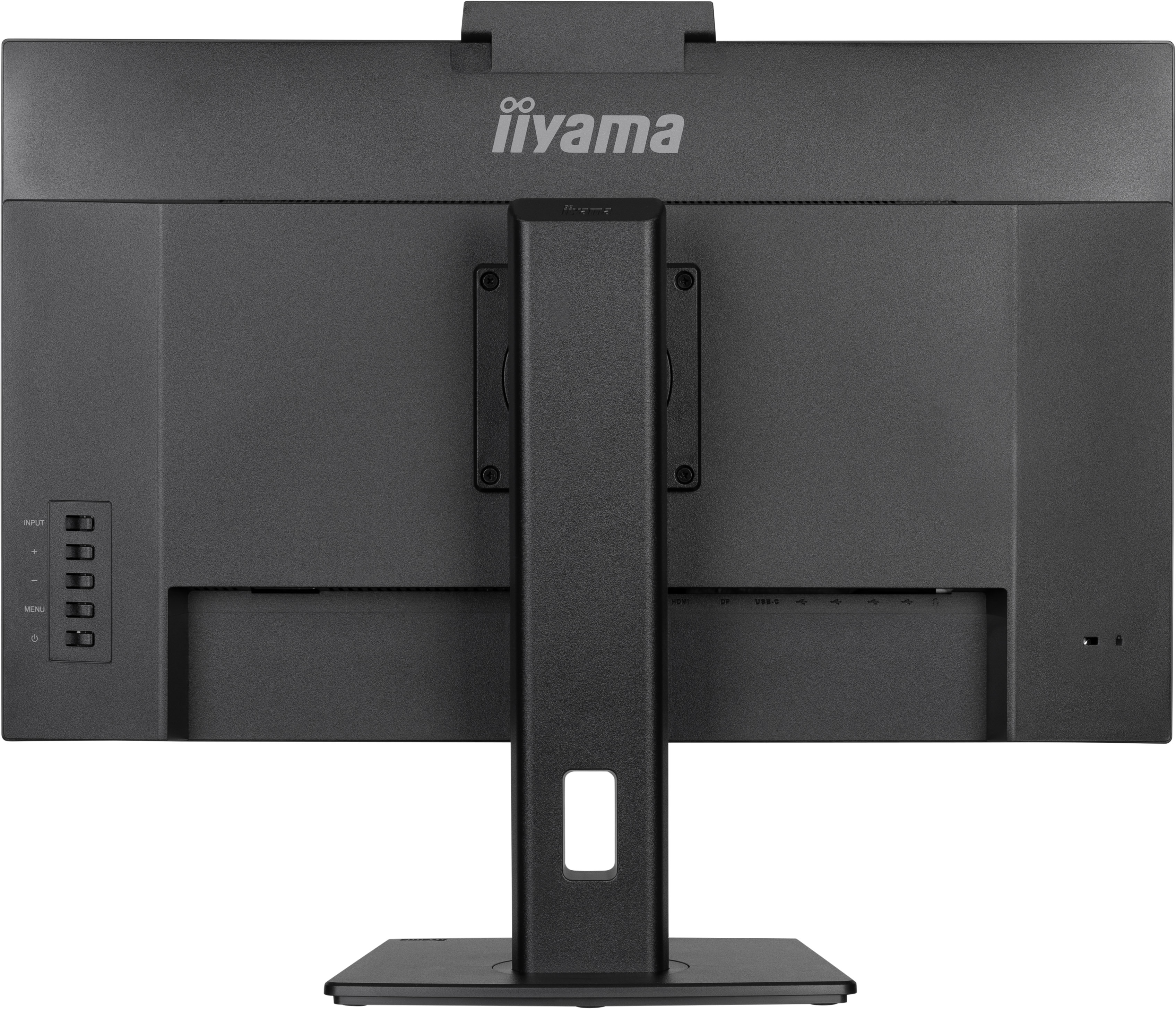 Rückseite eines schwarzen iiyama-Monitors. Hat einen Ständer, Knöpfe und Anschlüsse. Das iiyama-Logo ist sichtbar.