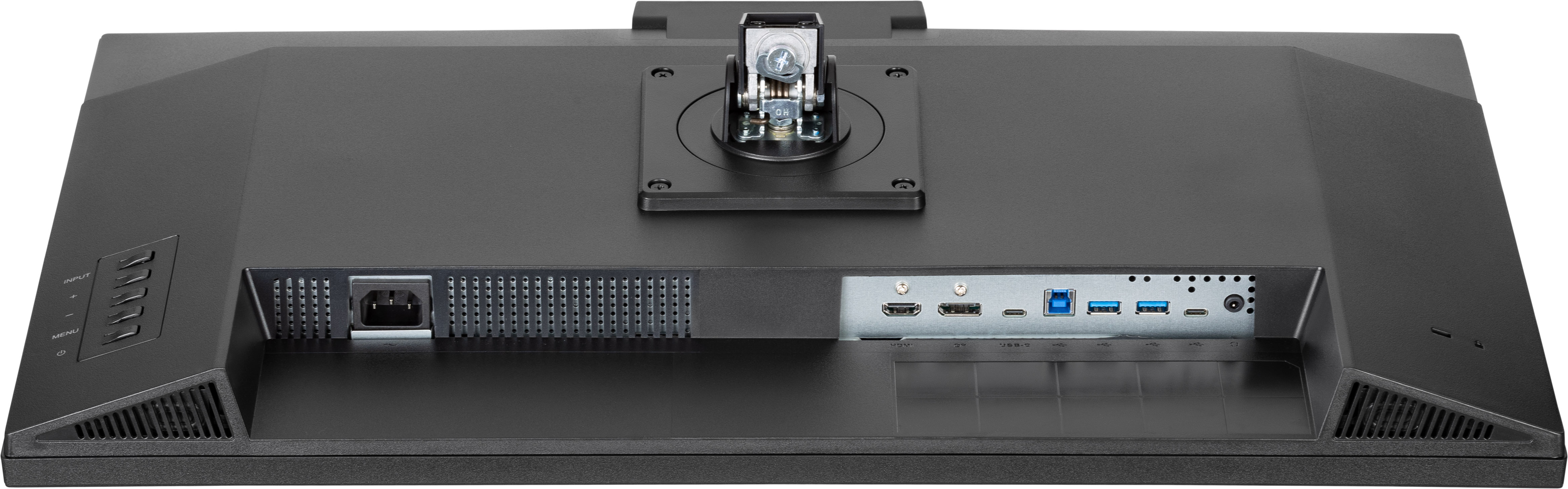 Schwarze Monitorrückseite mit verschiedenen Anschlüssen, Stromeingang und einer Halterung. Enthält HDMI, USB und Stromanschlüsse.
