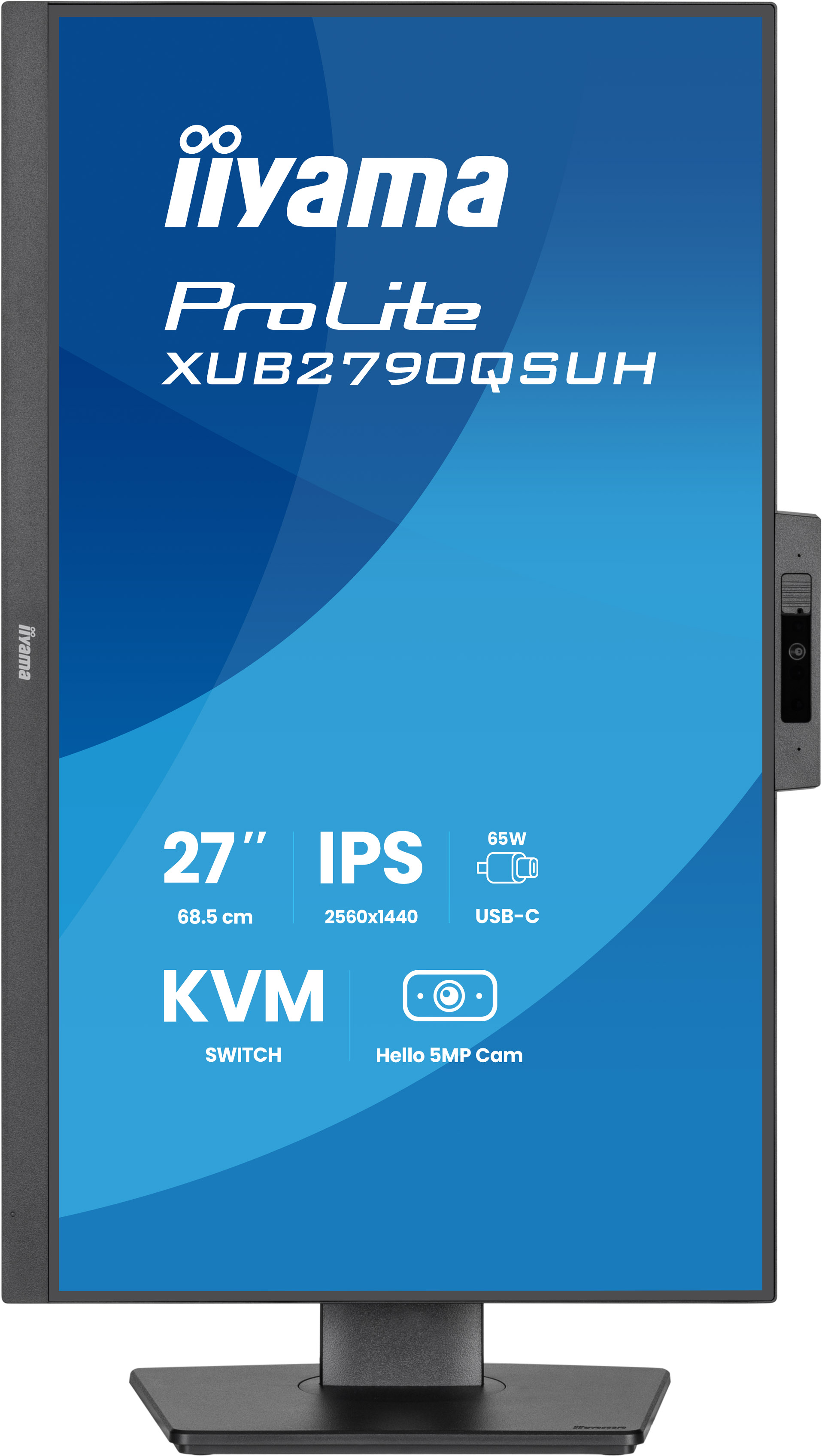 Iiyama ProLite Monitor. Blauer Bildschirm mit weißem Text: Modell, Größe, Auflösung und Funktionen wie KVM-Switch und Hello 5MP Cam.