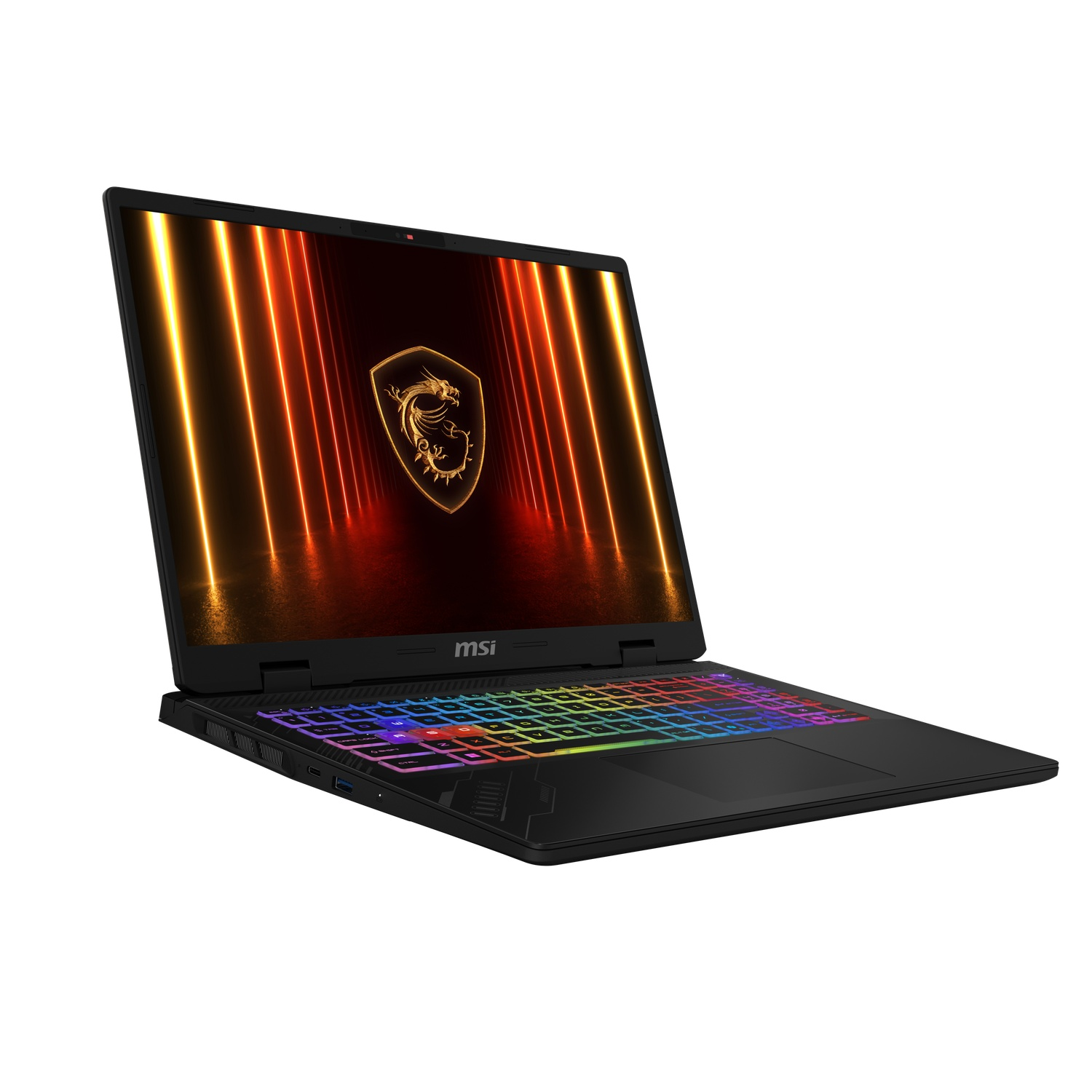 Black MSI laptop with a colorful keyboard, lit screen showing a dragon logo, and orange and yellow light streaks.