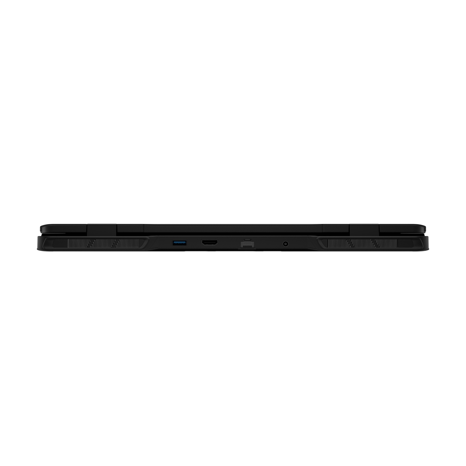 A black laptop's side profile is shown. It has various ports, a power button, and ventilation grilles against a white backdrop.