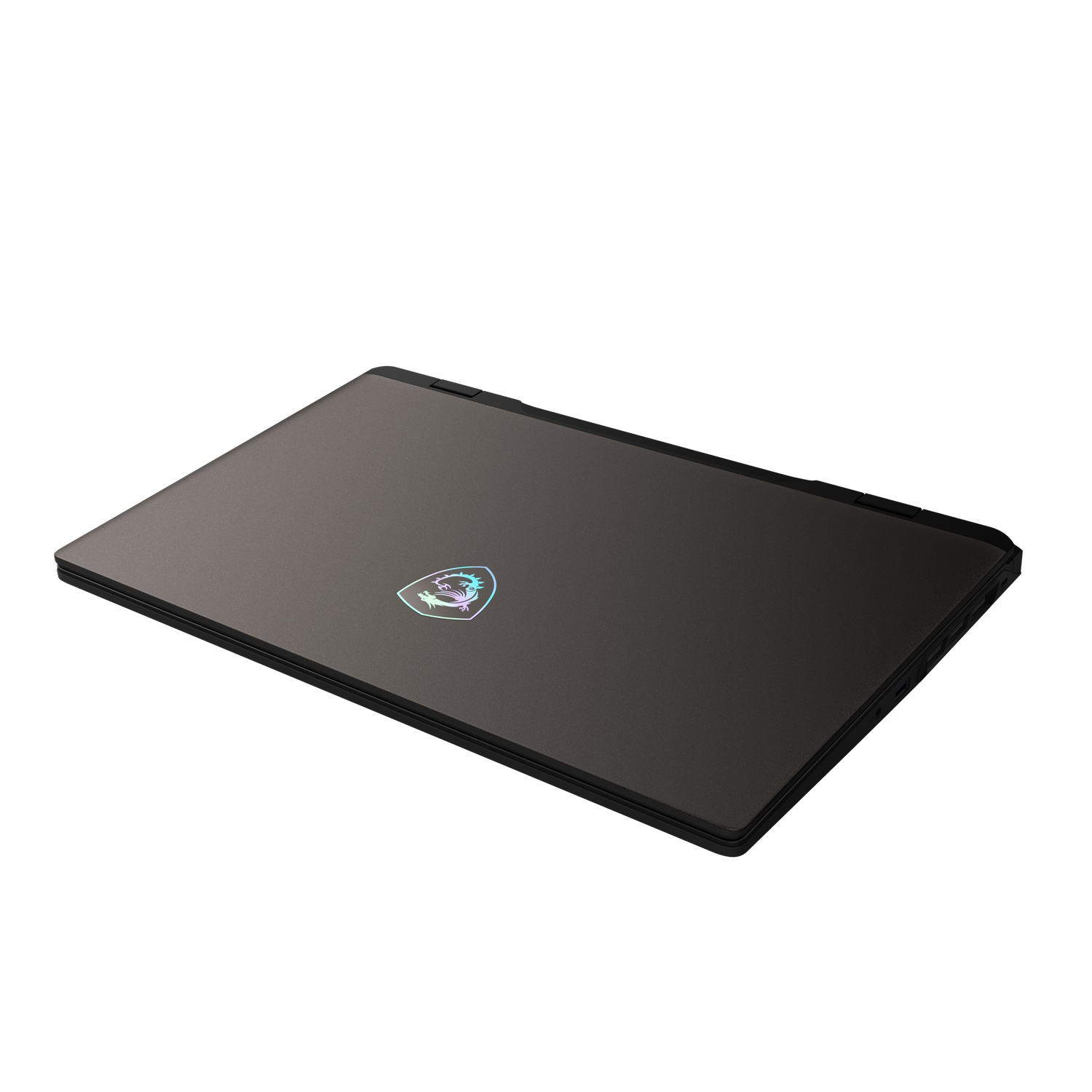 A closed dark gray laptop, the MSI logo is visible. The laptop is on a white background.