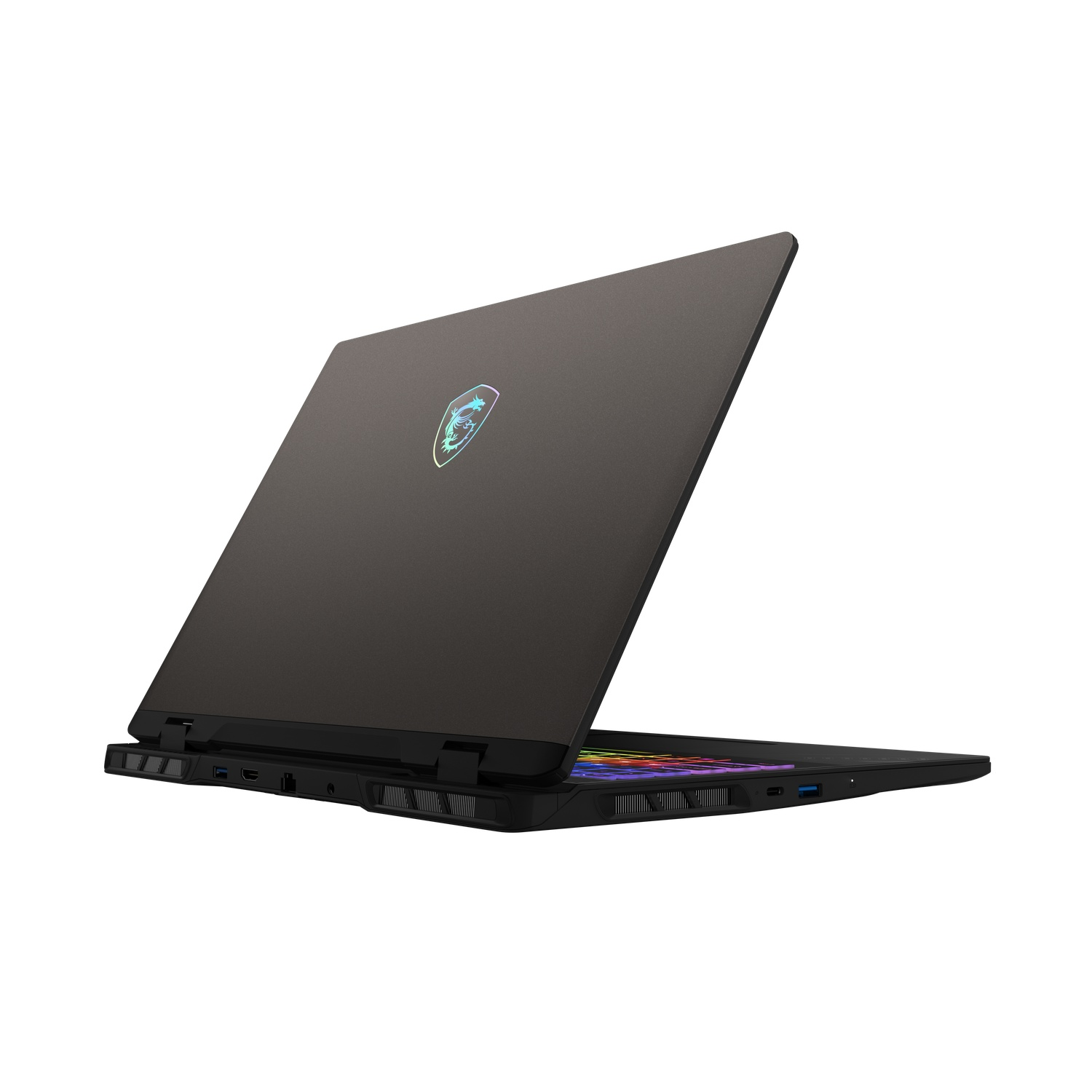 A dark gray laptop with the screen open. The MSI logo is visible on the lid. The keyboard is partially visible.