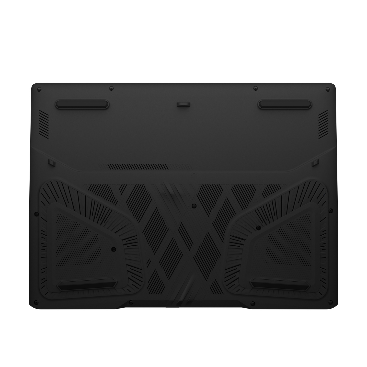 The underside of a black laptop. It has various vents, grilles, and rubber feet. The surface is matte and textured.