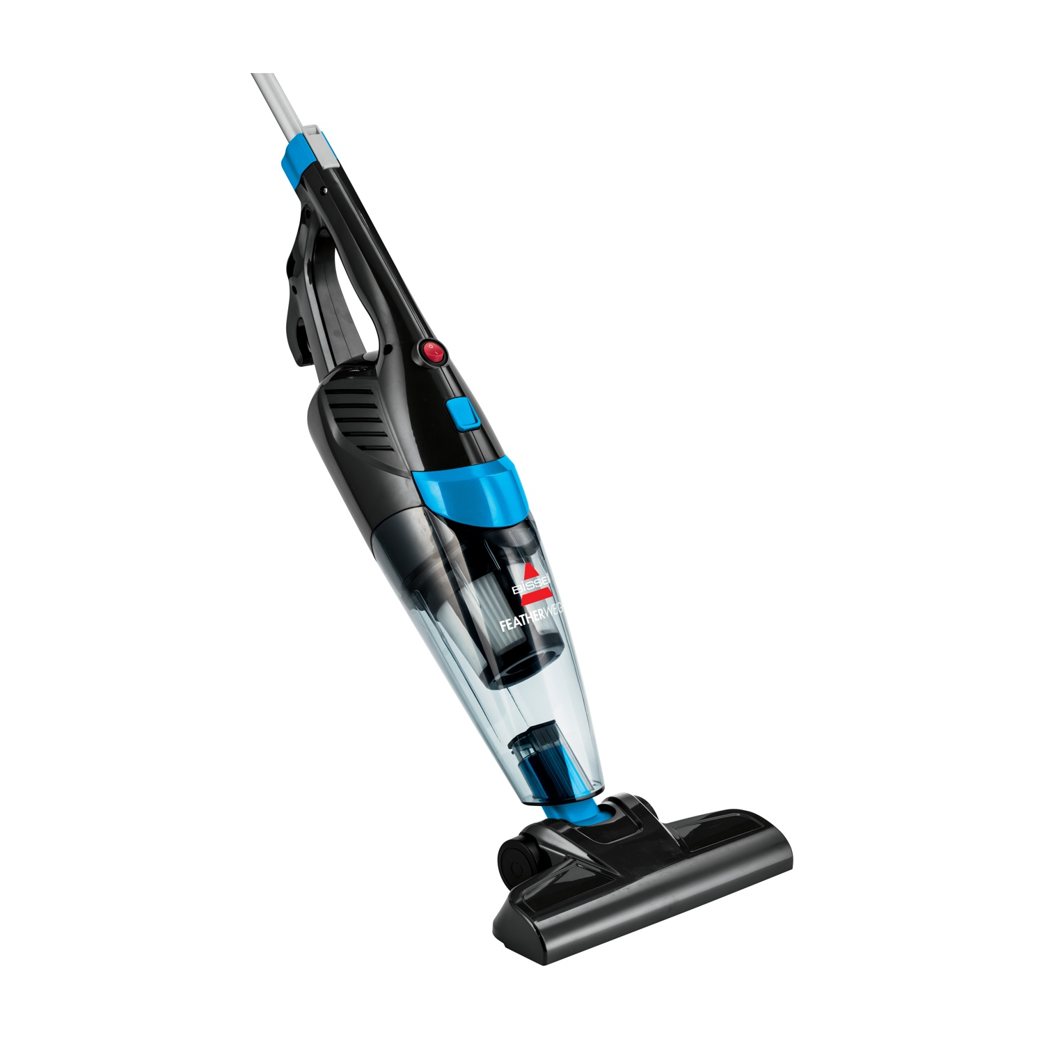 Un aspirapolvere a bastone Bissell Featherweight nero e blu, rivolto verso lo spettatore su sfondo bianco.