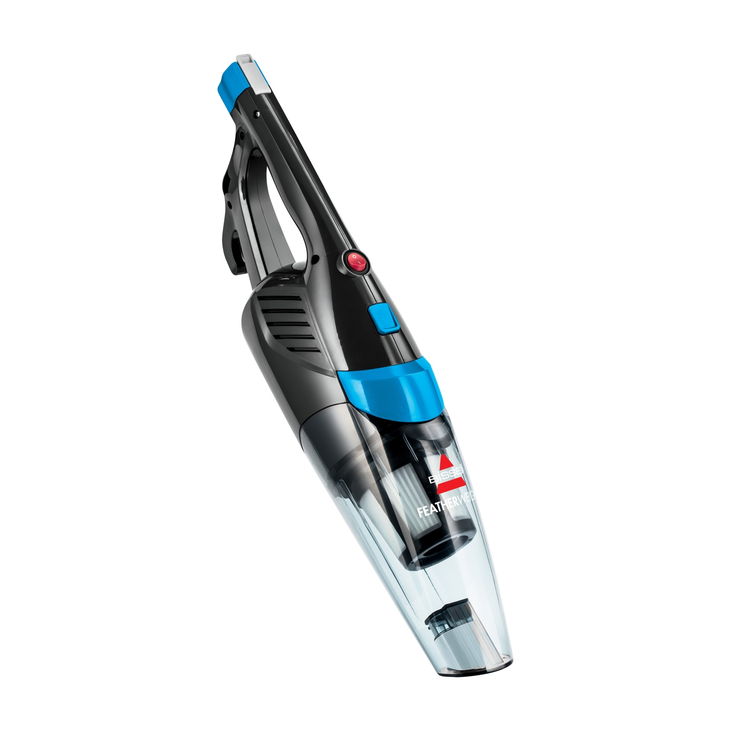 Un aspirapolvere Bissell Featherweight nero e blu su sfondo bianco. Ha un contenitore per la polvere trasparente.