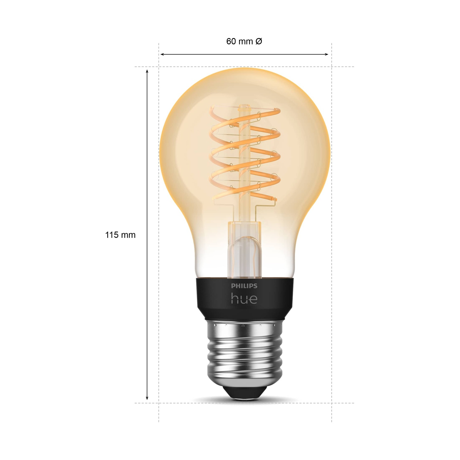 Una lampadina Philips Hue color ambra, con filamento a spirale visibile, base nera e attacco a vite argentato, con dimensioni indicate.