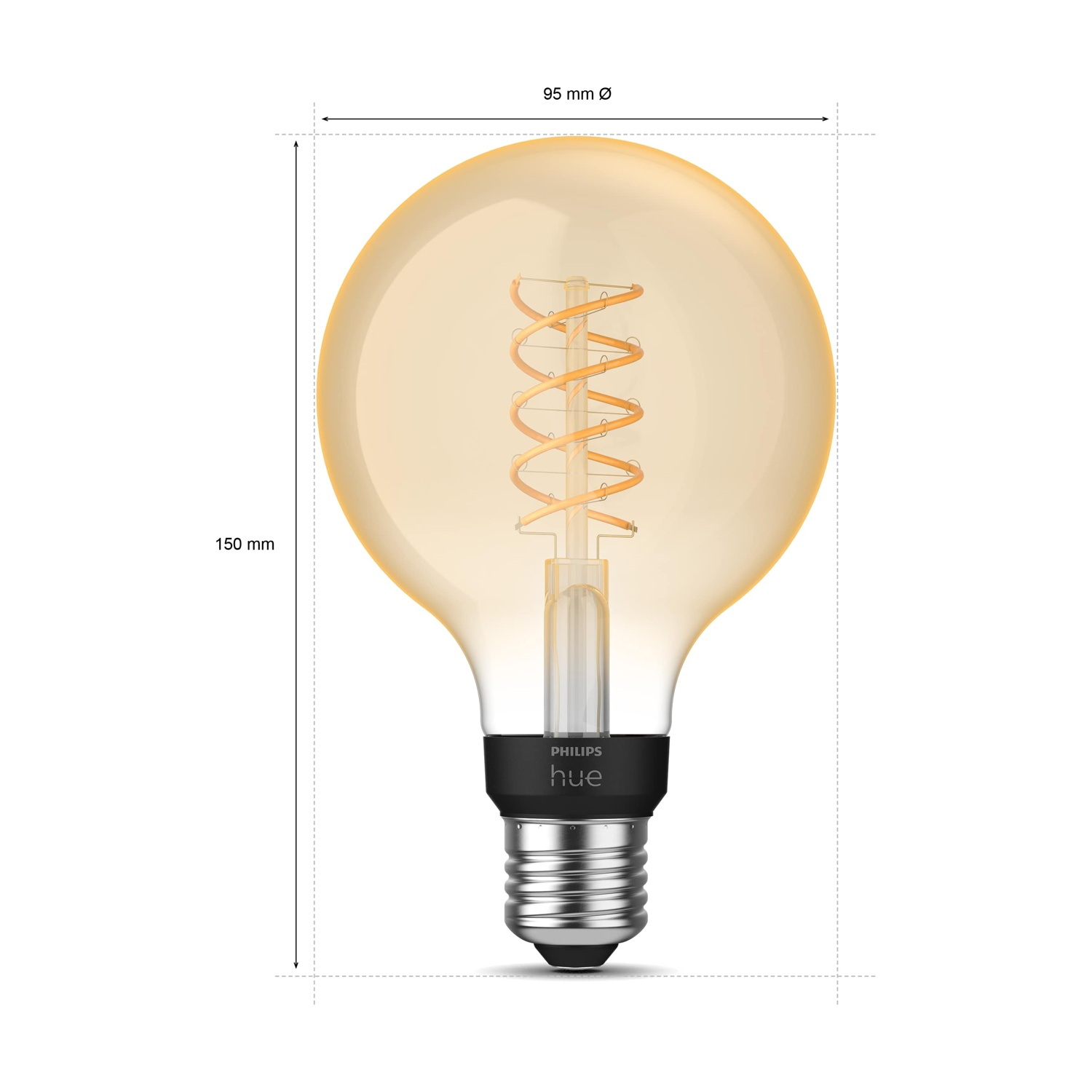 Una lampadina grande e rotonda con un filamento a spirale. È color ambra, con una base nera e filettature metalliche. Il marchio è Philips Hue.
