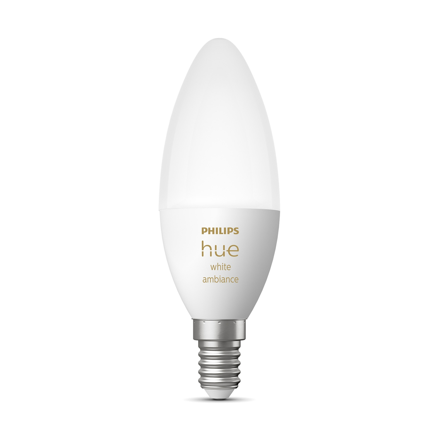 Una lampadina bianca Philips Hue a forma di candela. Ha una parte superiore in vetro bianco e una base argentata. Il logo 'hue' è visibile.