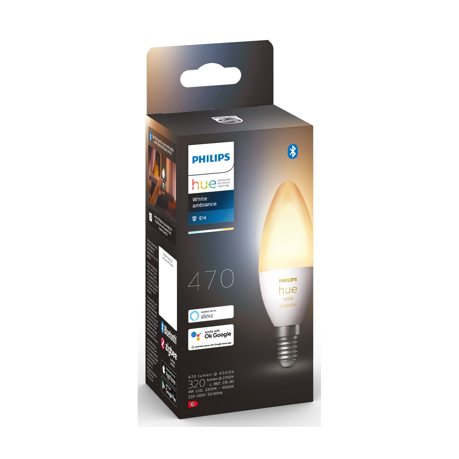 Una confezione di lampadina Philips Hue, con una lampadina visibile. Il testo include 'White ambiance' e 'Works with Alexa'.