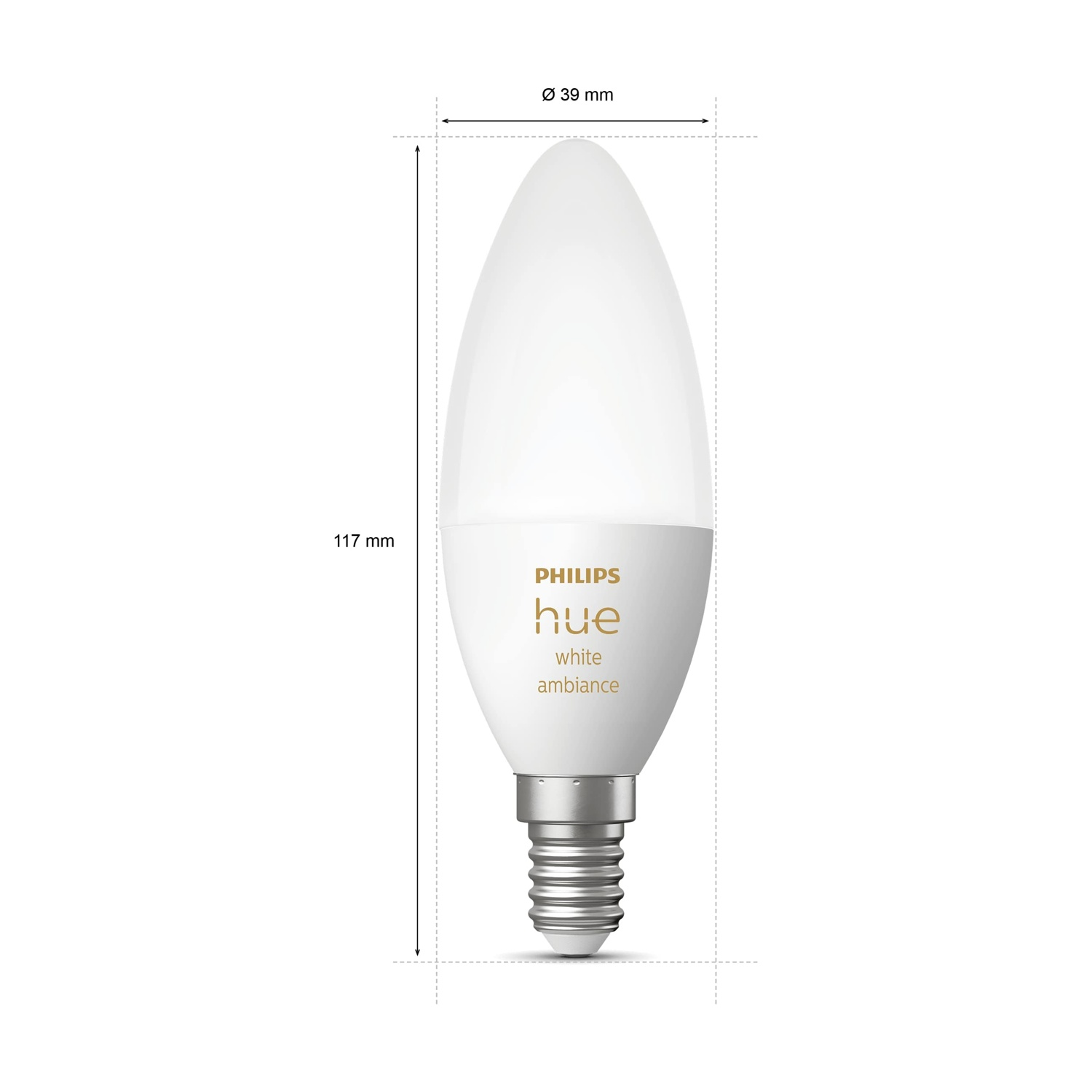 Una lampadina Philips Hue white ambiance. È bianca con base argentata. Dimensioni: 39 mm di diametro e 117 mm di lunghezza.
