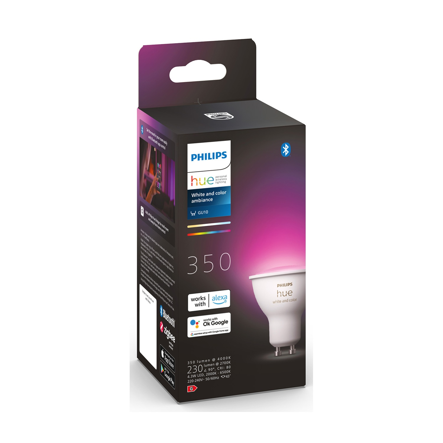 Una confezione di lampadine Philips Hue. La scatola è nera con testo bianco e un'immagine della lampadina. Le parole 'White and color ambiance' sono visibili.