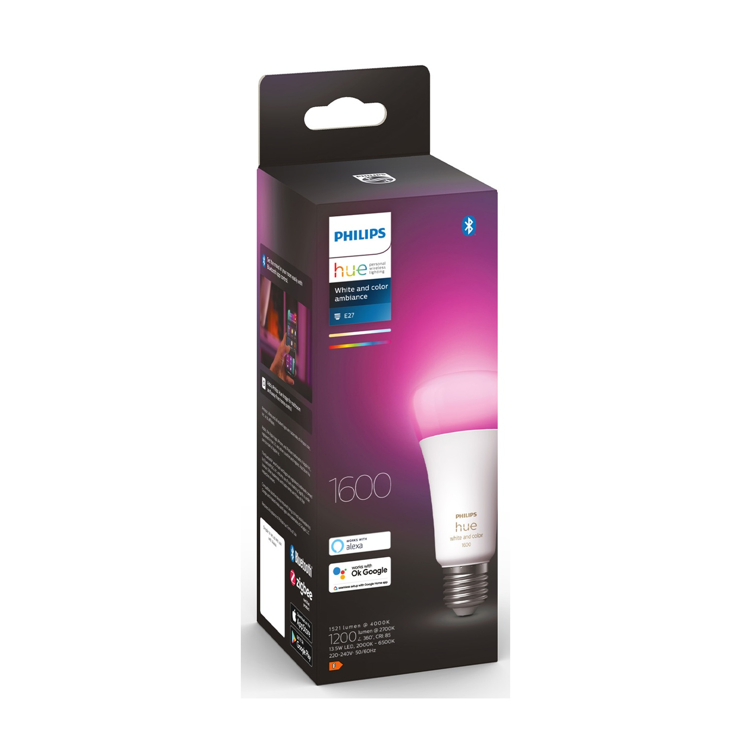 Una scatola di lampadine Philips Hue. Ha una lampadina bianca con luce rosa. Il testo include 'hue', 'white and color ambiance' e '1600'.