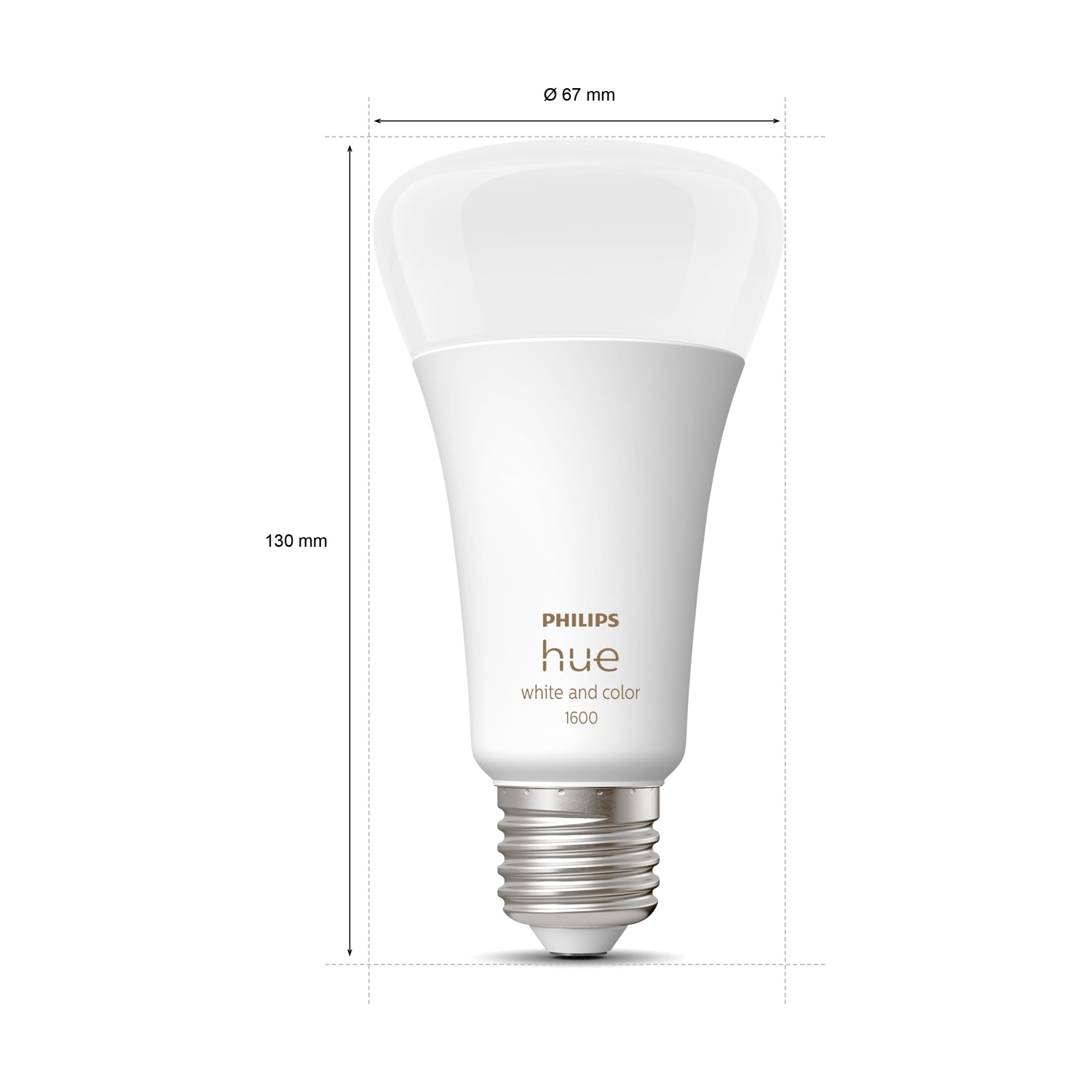Una lampadina intelligente Philips Hue bianca. Le dimensioni sono indicate: 130 mm di altezza e 67 mm di diametro.
