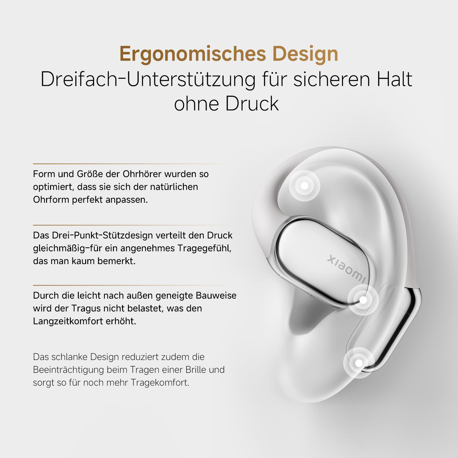 Weißer Ohrhörer mit ergonomischem Design, der sicheren Halt ohne Druck unterstützt. Text auf Deutsch beschreibt Funktionen.