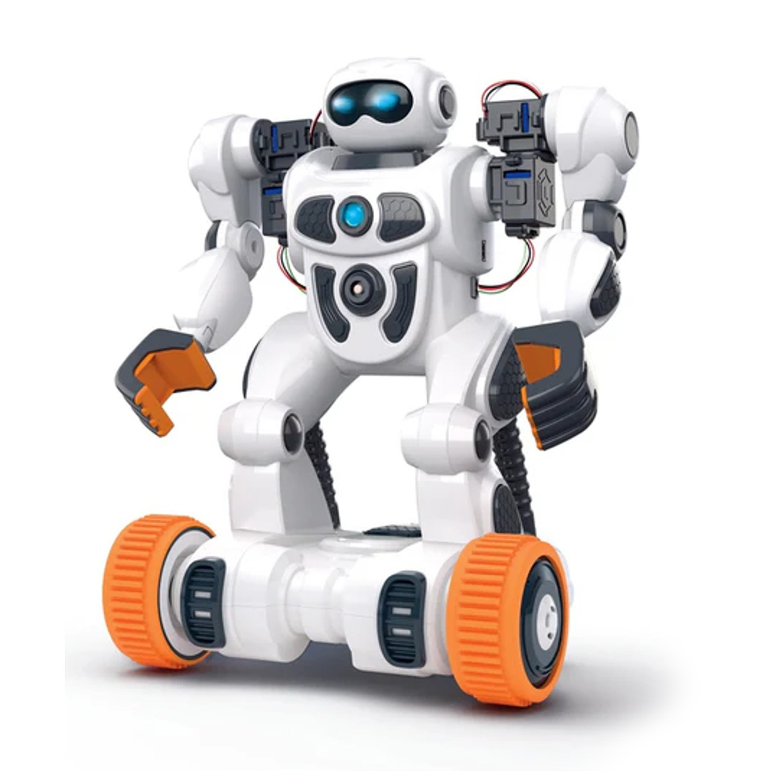 Un robot giocattolo bianco e arancione è in piedi su una superficie bianca. Ha due occhi blu e ruote arancioni. Il robot è rivolto allo spettatore.