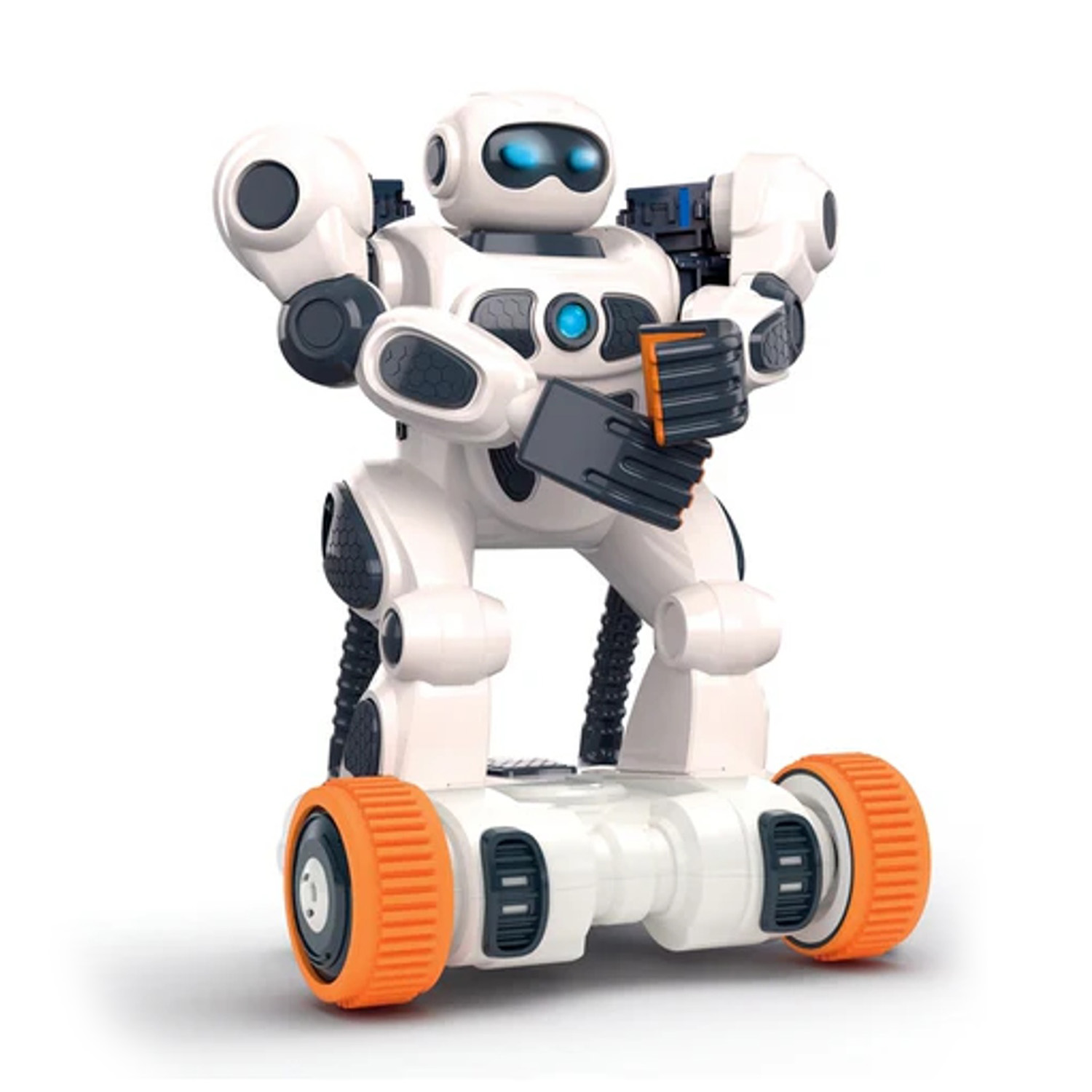 Un robot giocattolo bianco con ruote arancioni è in piedi su una superficie bianca. Il robot ha occhi blu e dettagli neri e grigi.