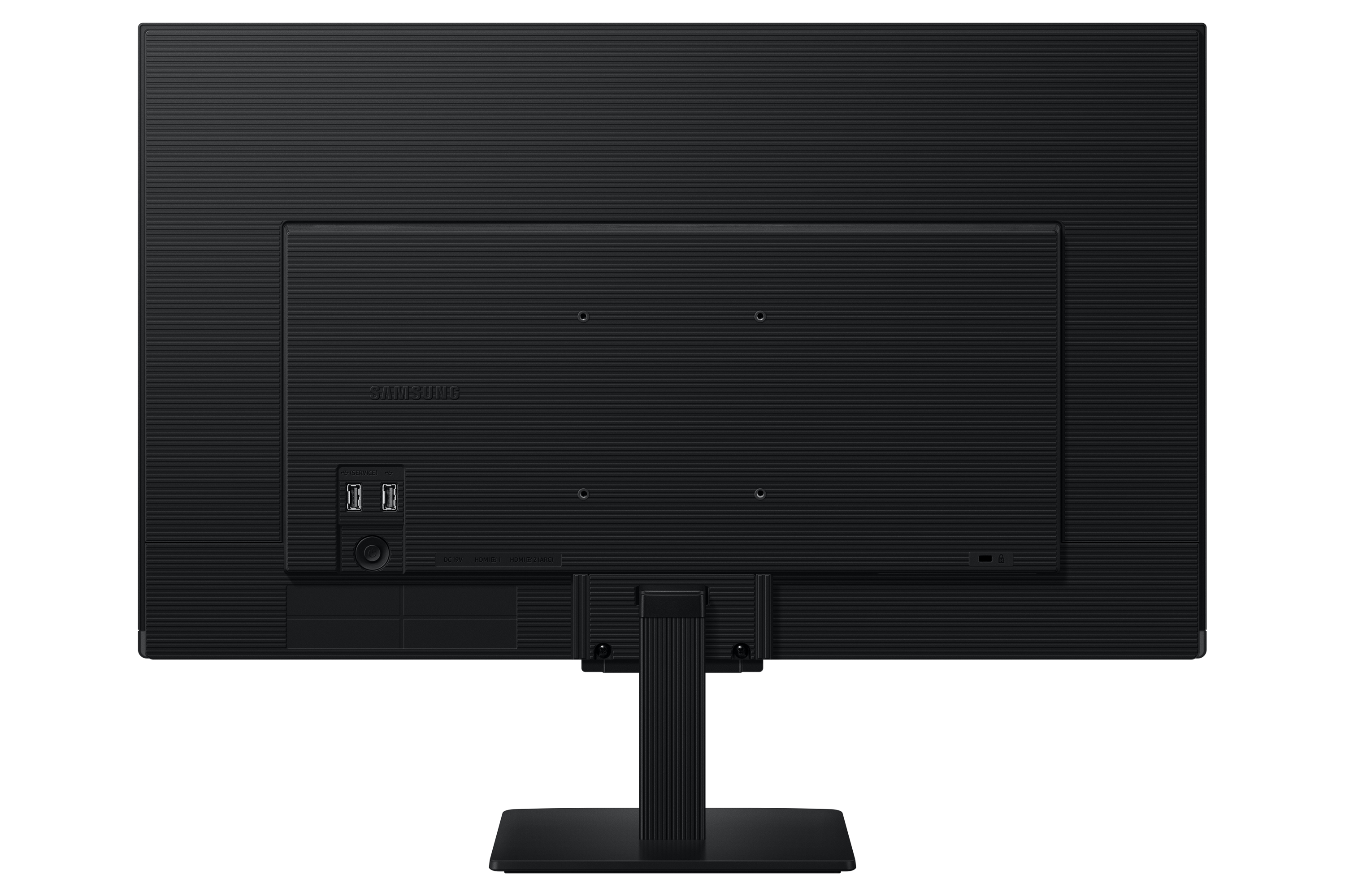Rückseite eines schwarzen Samsung-Monitors mit Anschlüssen, Ständer und Markennamen. Der Hintergrund ist schwarz.