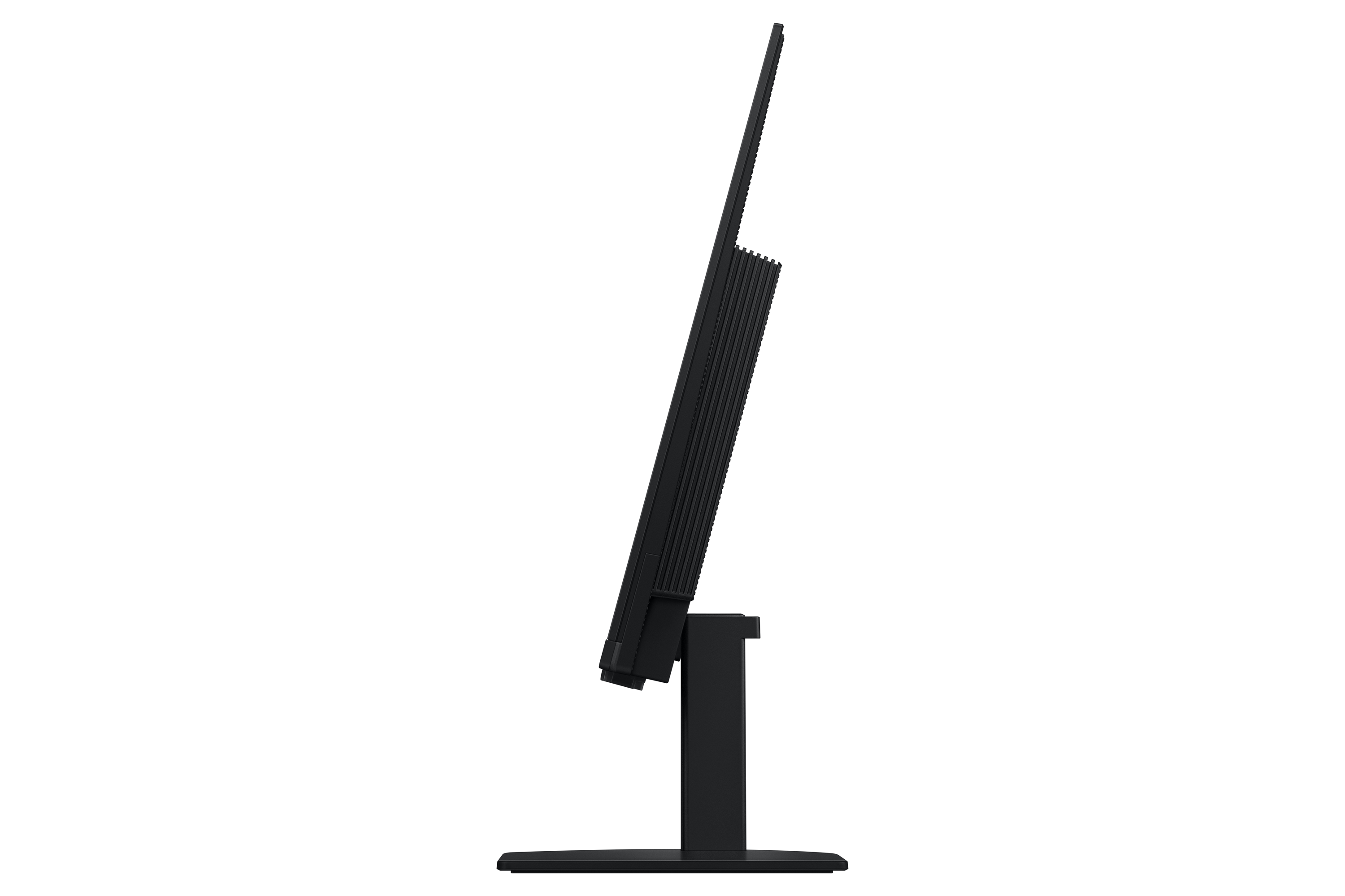 Seitenansicht eines schwarzen Computermonitors auf schwarzem Hintergrund. Der Monitor ist leicht geneigt.