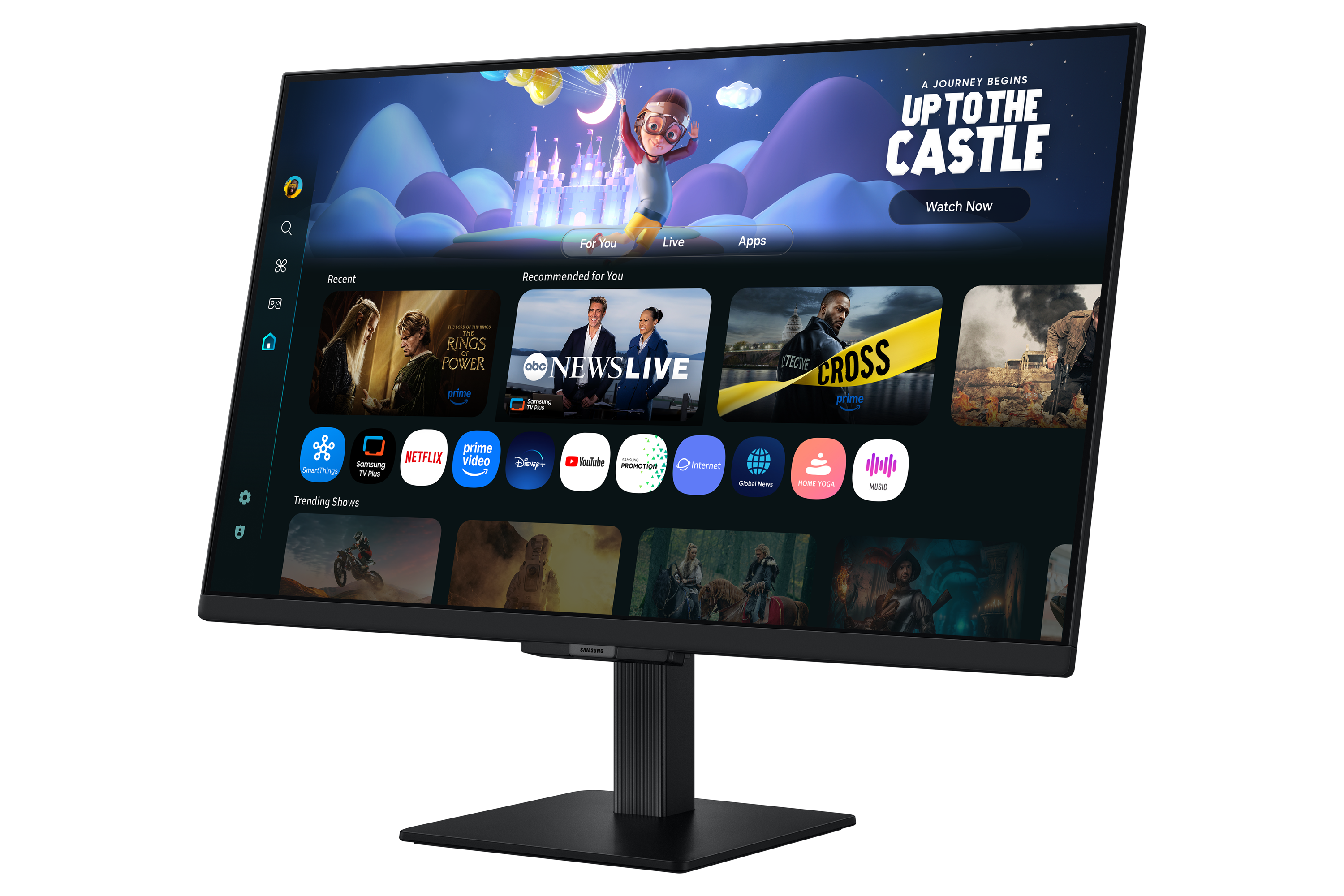 Ein Monitor zeigt eine Streaming-Oberfläche mit Filmvorschlägen und einem Cartoon-Schloss-Hintergrund.