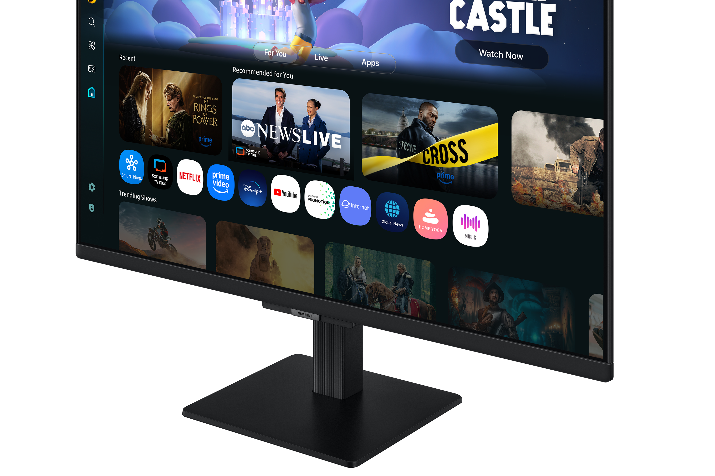 Ein schwarzer Fernsehbildschirm zeigt eine Smart-TV-Oberfläche mit App-Symbolen und Show-Empfehlungen.