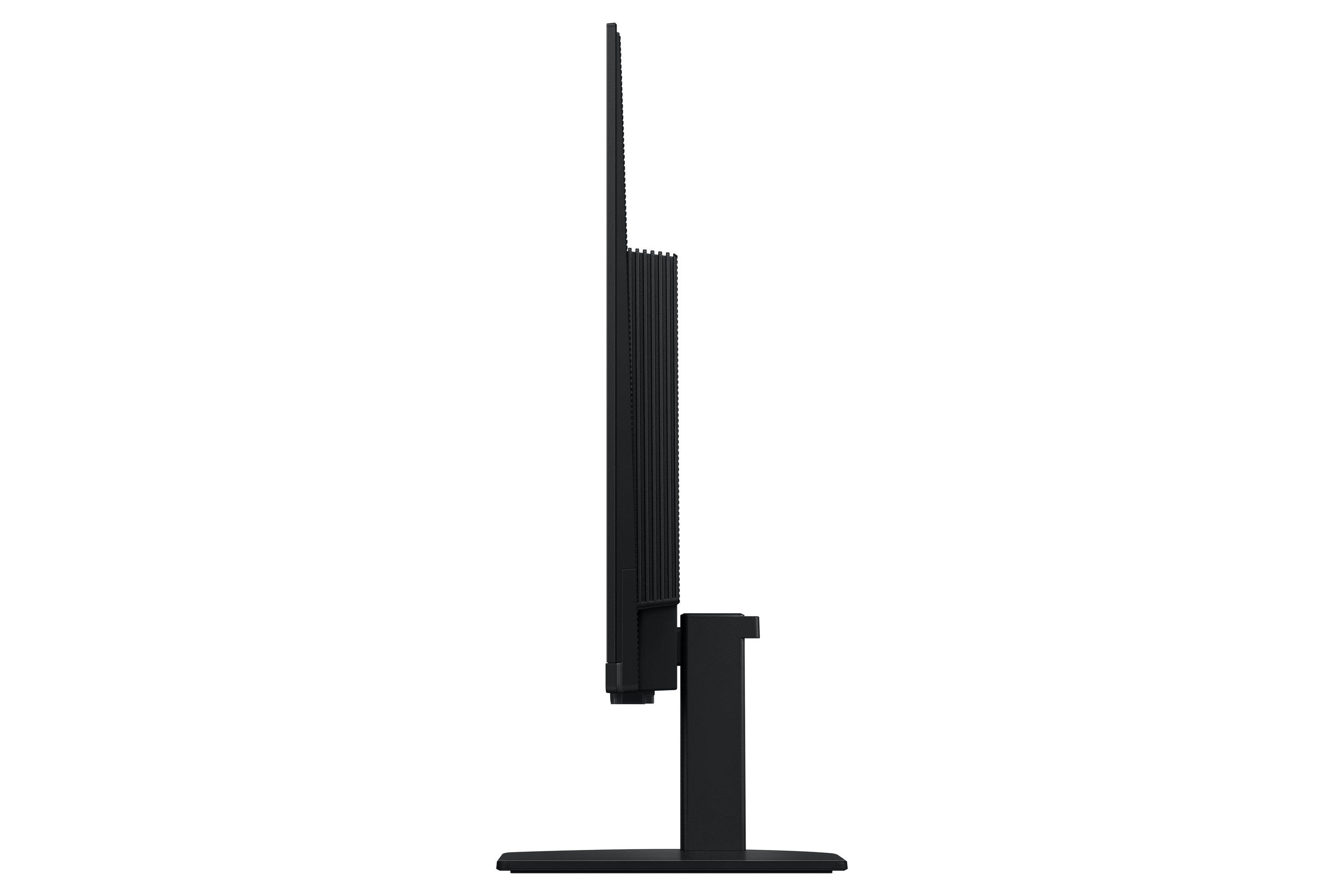 Seitenansicht eines schwarzen Computermonitors auf schwarzem Hintergrund. Der Monitor steht aufrecht auf einem Ständer.
