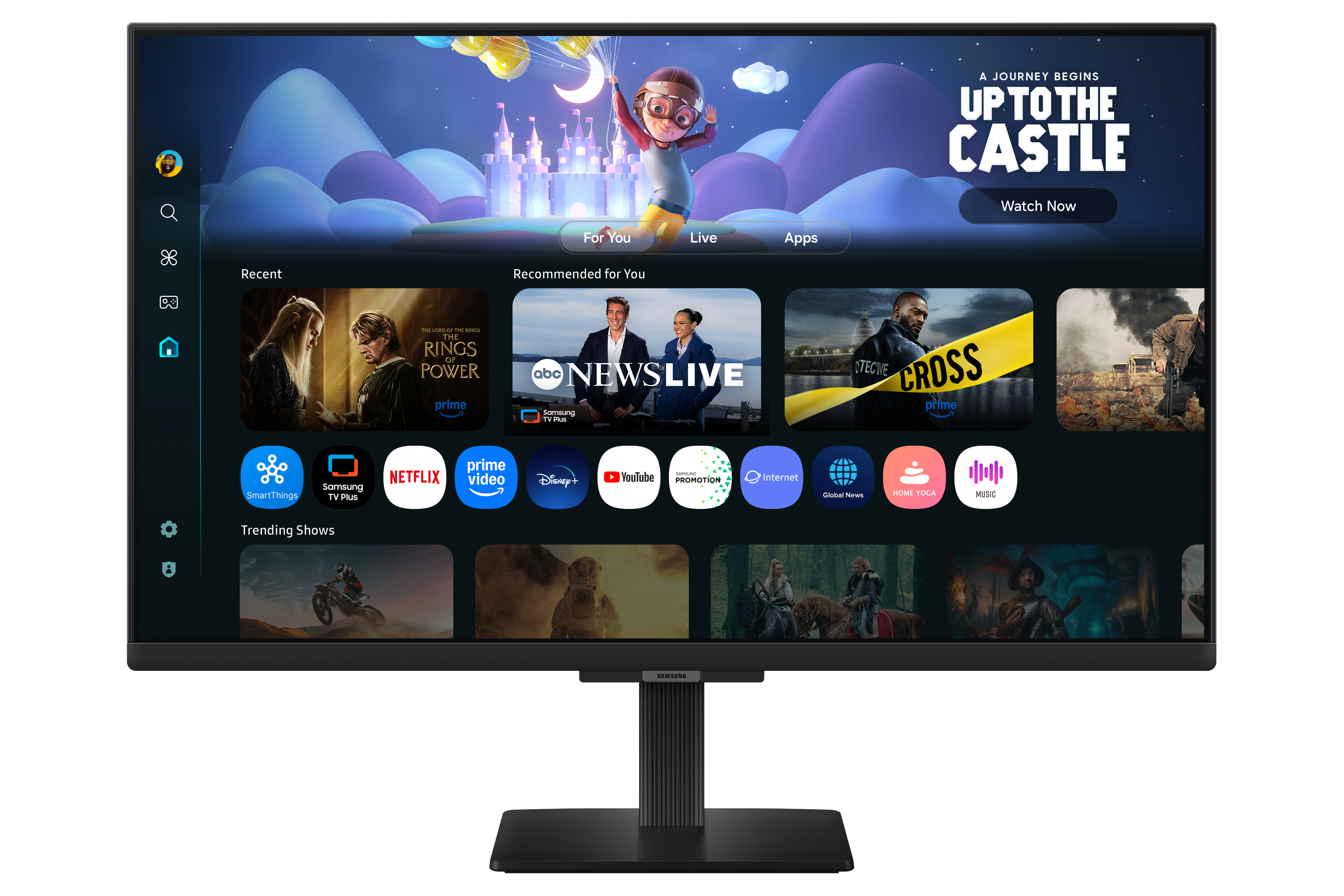 TV-Bildschirm mit Startseite, App-Symbolen und Show-Empfehlungen, einschließlich einer Schlossgrafik.