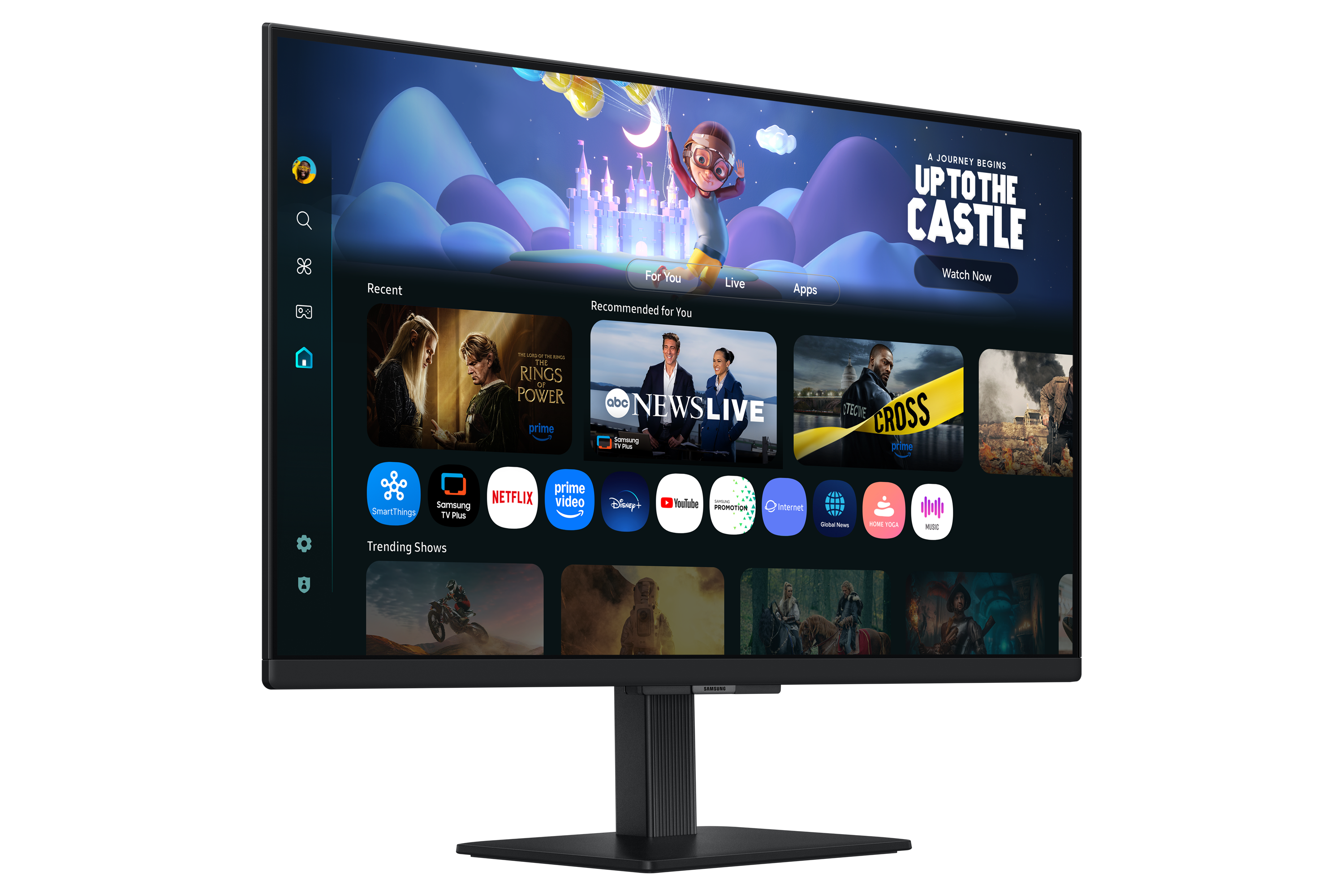 Ein Fernseher, der eine Streaming-Dienst-Oberfläche mit verschiedenen Sendungen und Apps anzeigt. Ein cartoonartiger Himmelhintergrund ist sichtbar.