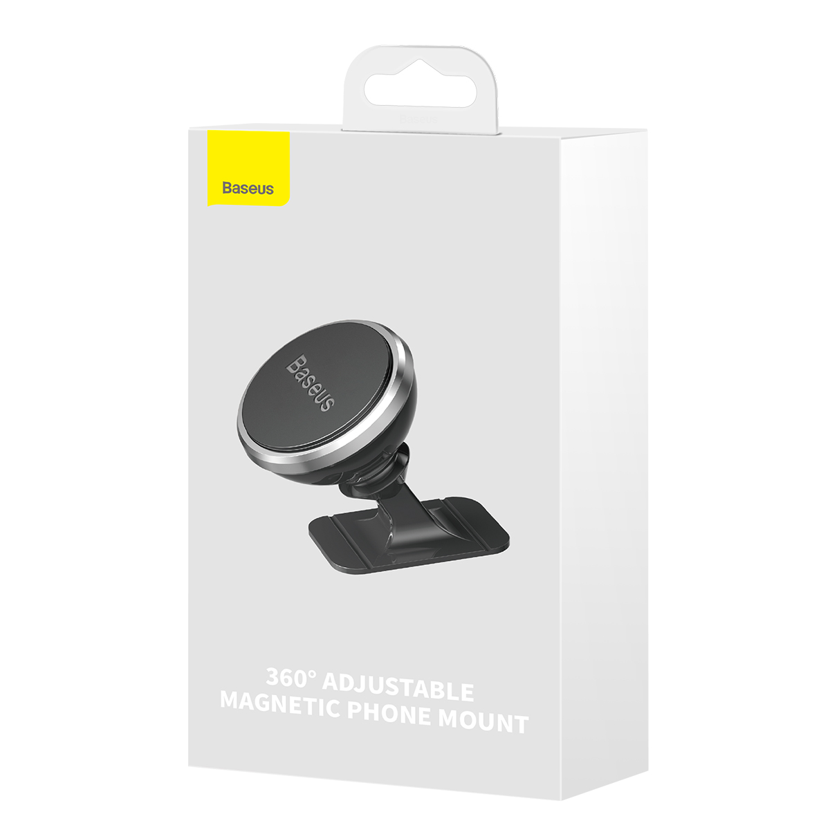 Telefontartó egy fehér dobozban. A tartó fekete és ezüst színű, Baseus márkajelzéssel. A dobozon a felirat: '360° Adjustable'.