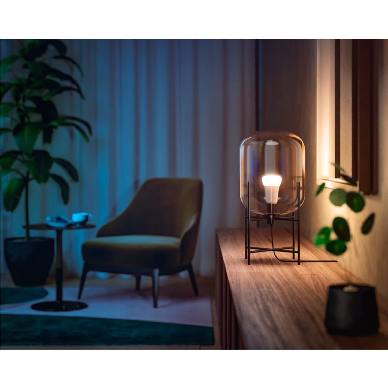 Una lampada accesa è su un mobile di legno. Una sedia, una pianta e un tavolino sono sullo sfondo. La scena è debolmente illuminata.