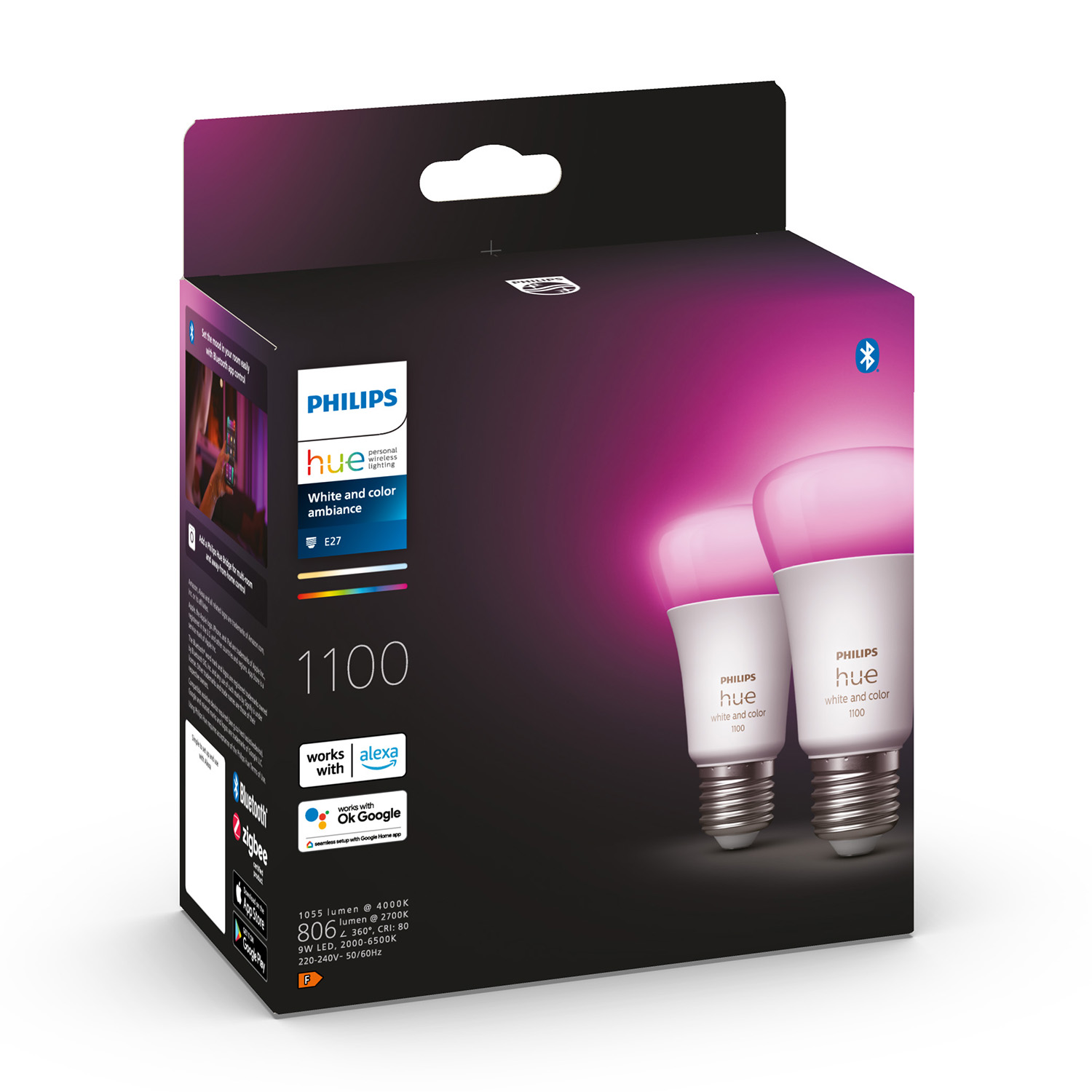 Scatola con lampadine intelligenti Philips Hue. La scatola è nera e rosa. Due lampadine sono illuminate di rosa.