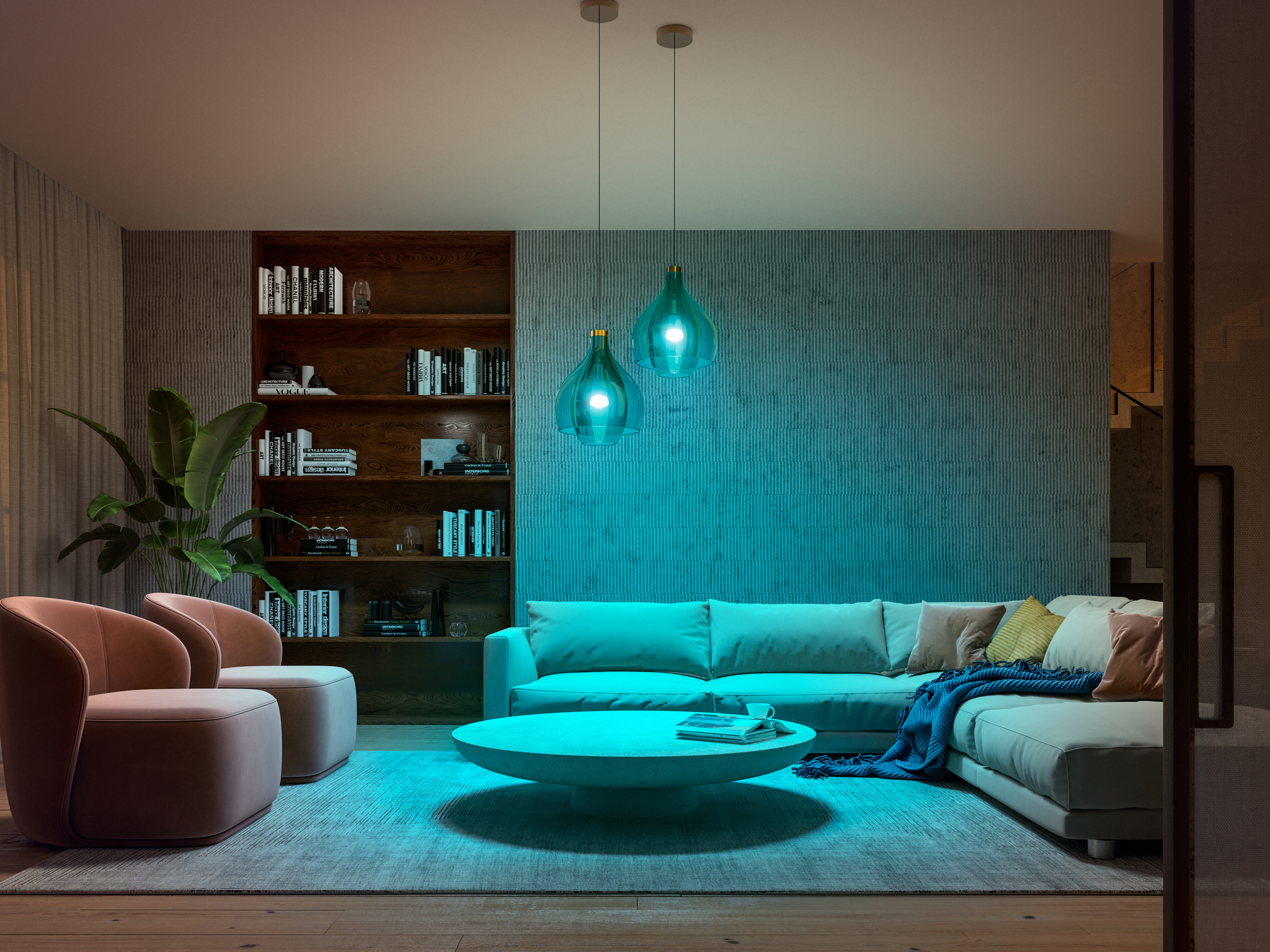 Un soggiorno moderno con divano, poltrone, tavolino e libreria, illuminato con luce turchese.