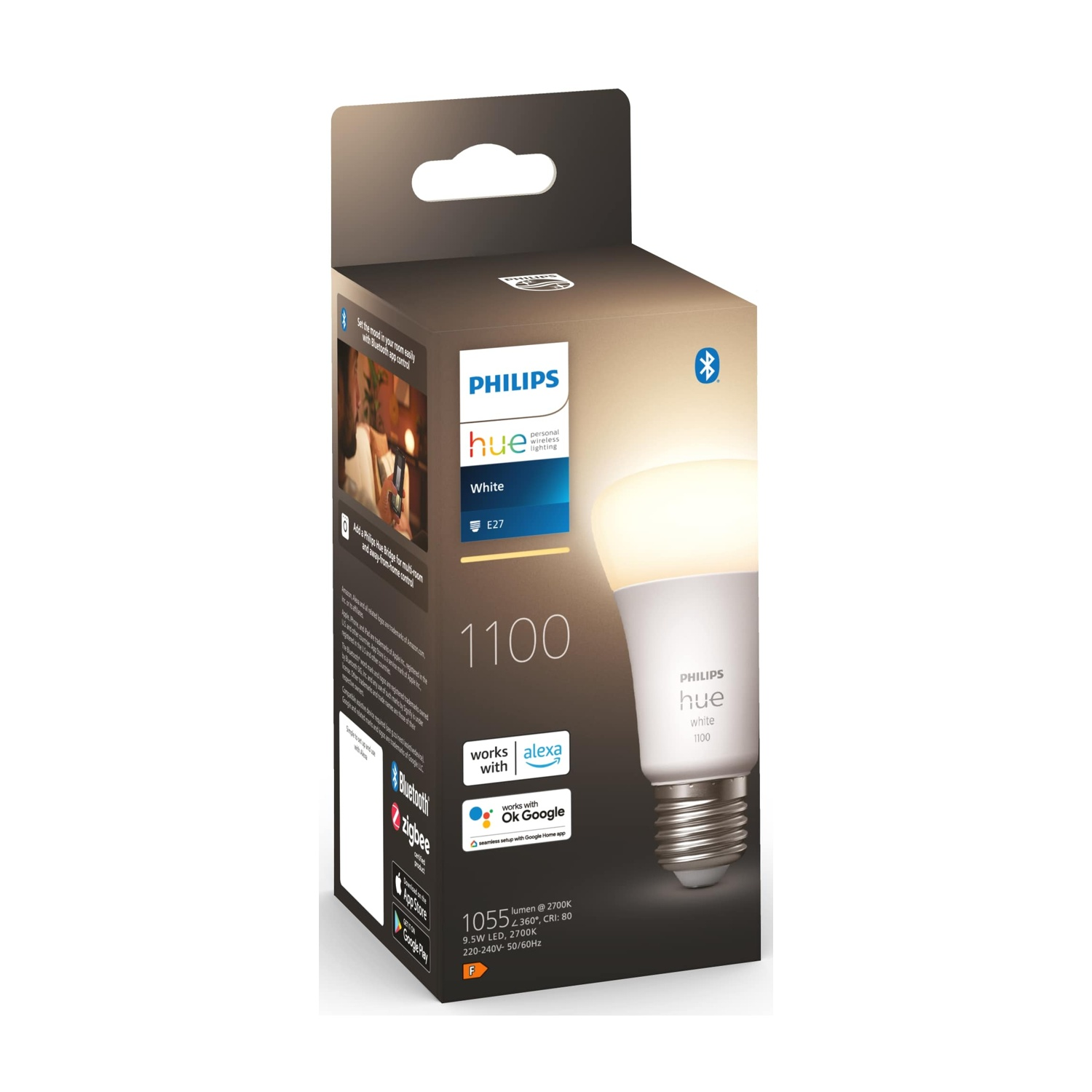 Una scatola di lampadina bianca Philips Hue. La scatola mostra la lampadina, il marchio e funzioni come Bluetooth e compatibilità Alexa.