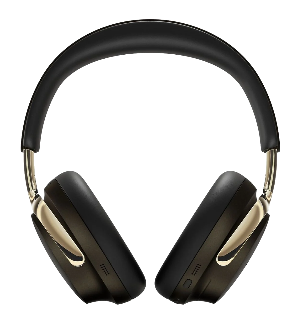 Słuchawki nauszne z czarnymi nausznikami, czarnym pałąkiem i złotymi metalowymi akcentami na czarnym tle.