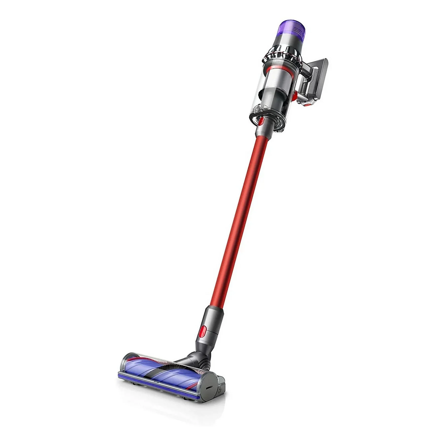 A red and silver cordless Dyson vacuum cleaner stands against a white background. The cleaner is upright and angled.