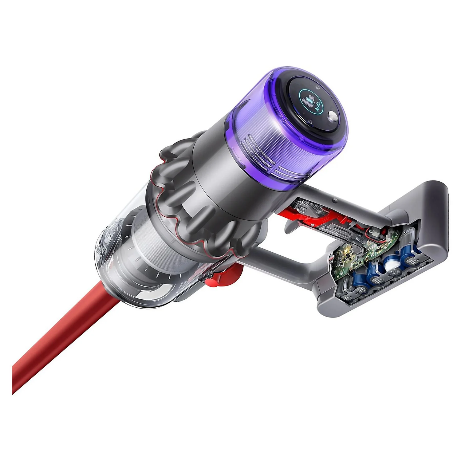 A silver and red Dyson vacuum cleaner with a transparent dust container and a purple filter. The handle shows internal components.