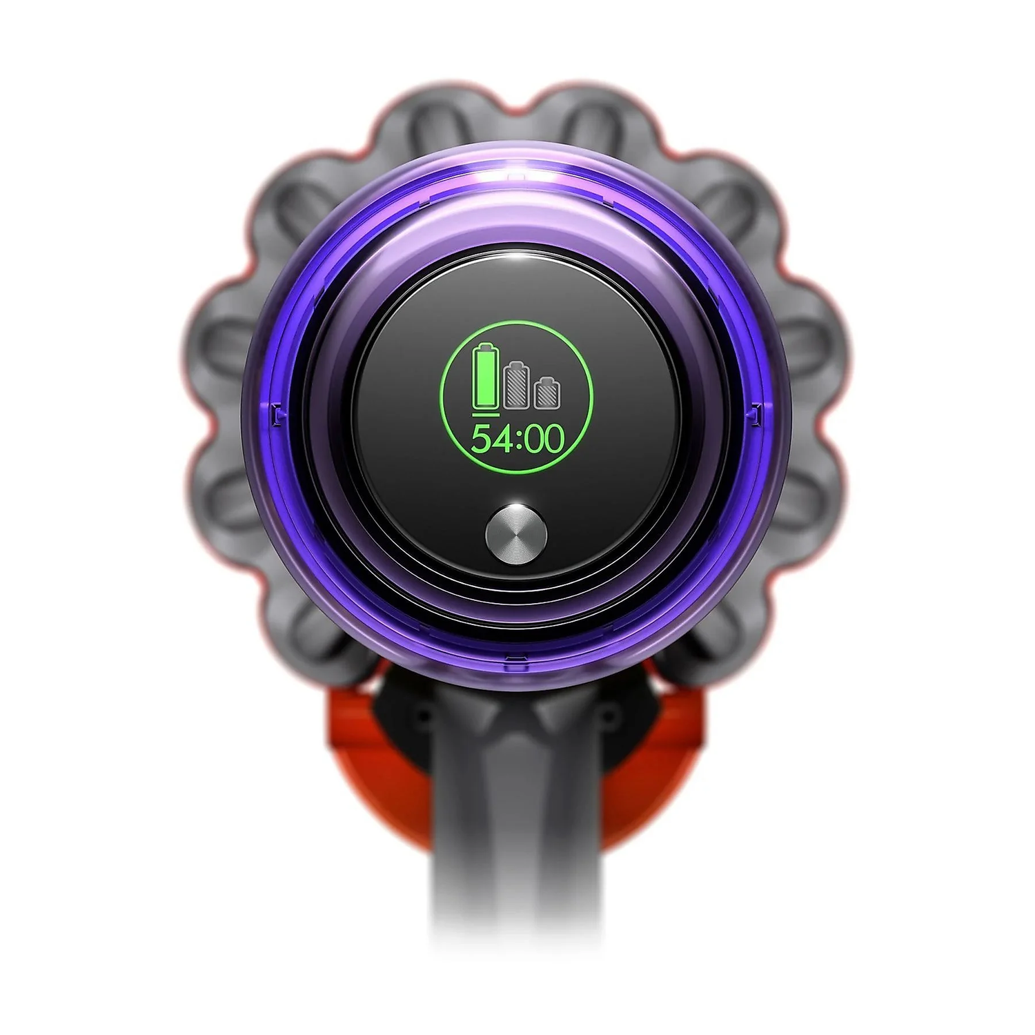 Close-up of a vacuum cleaner's head. It has a display showing battery life and time. The design is a mix of gray, purple, and orange.