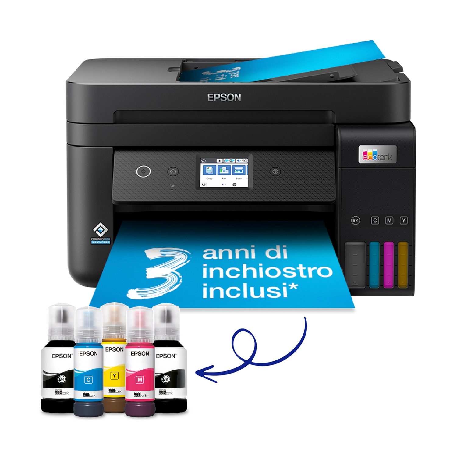 Una stampante Epson con flaconi di inchiostro. La stampante ha un foglio blu con "3 anni di inchiostro inclusi". Epson e flaconi di inchiostro sono visibili.
