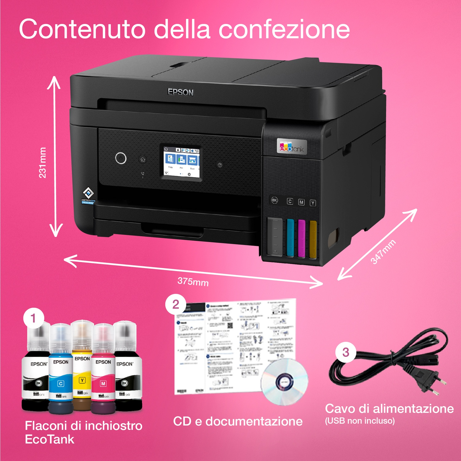 Una stampante Epson EcoTank con flaconi di inchiostro, CD e cavo di alimentazione. Le dimensioni sono indicate. Testo in italiano.